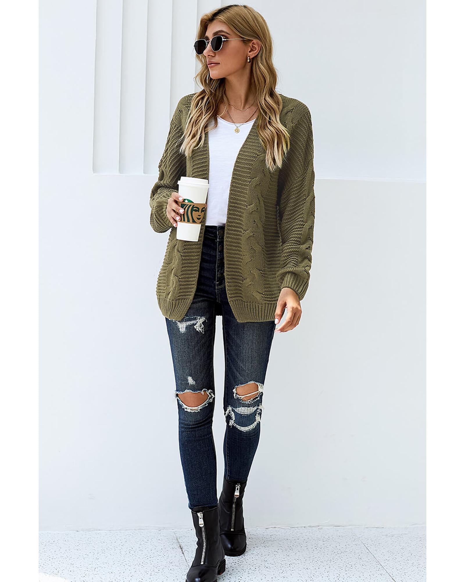 Olive Chunky Wide Long Sleeve Knit Cardigan - L