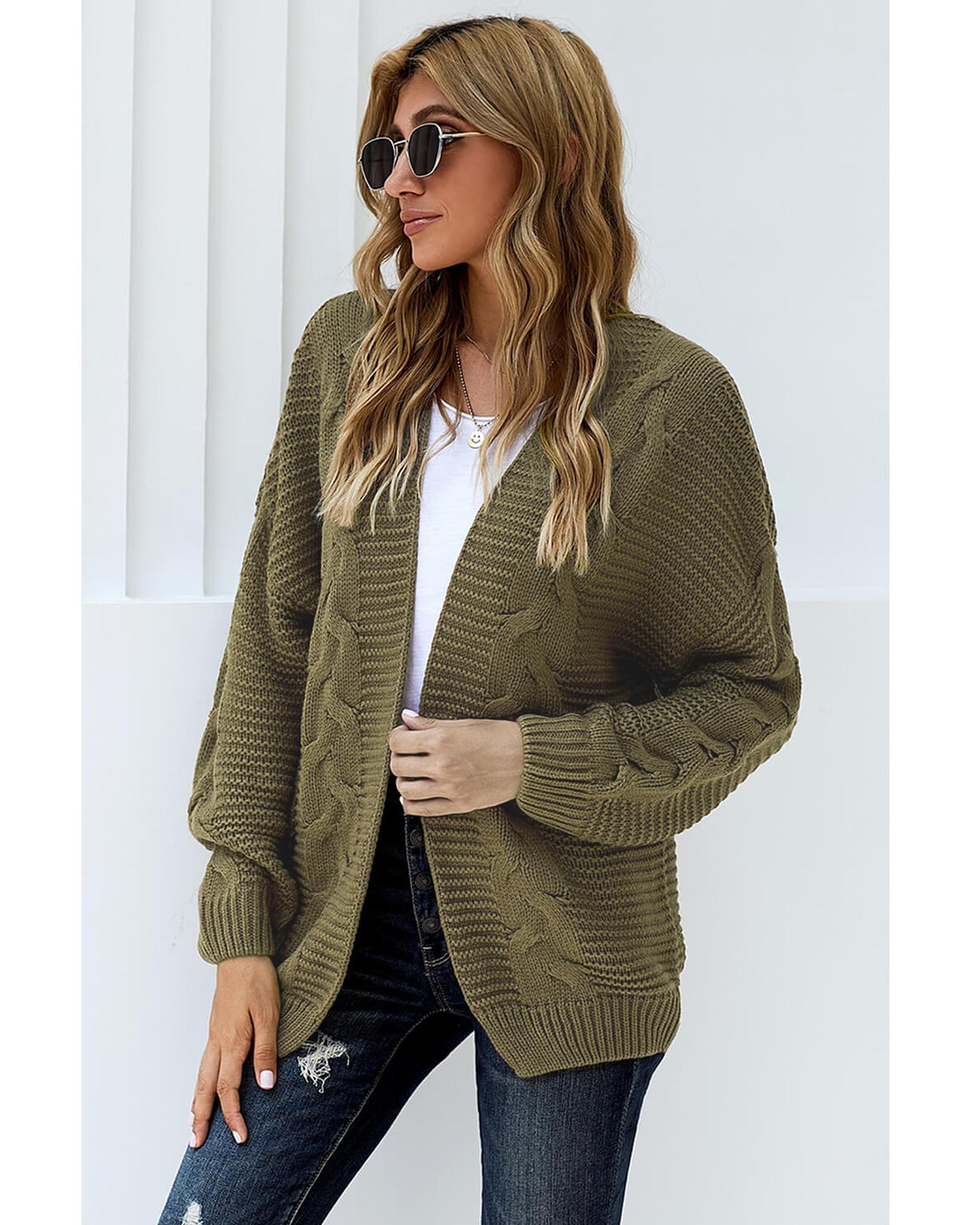 Olive Chunky Wide Long Sleeve Knit Cardigan - M