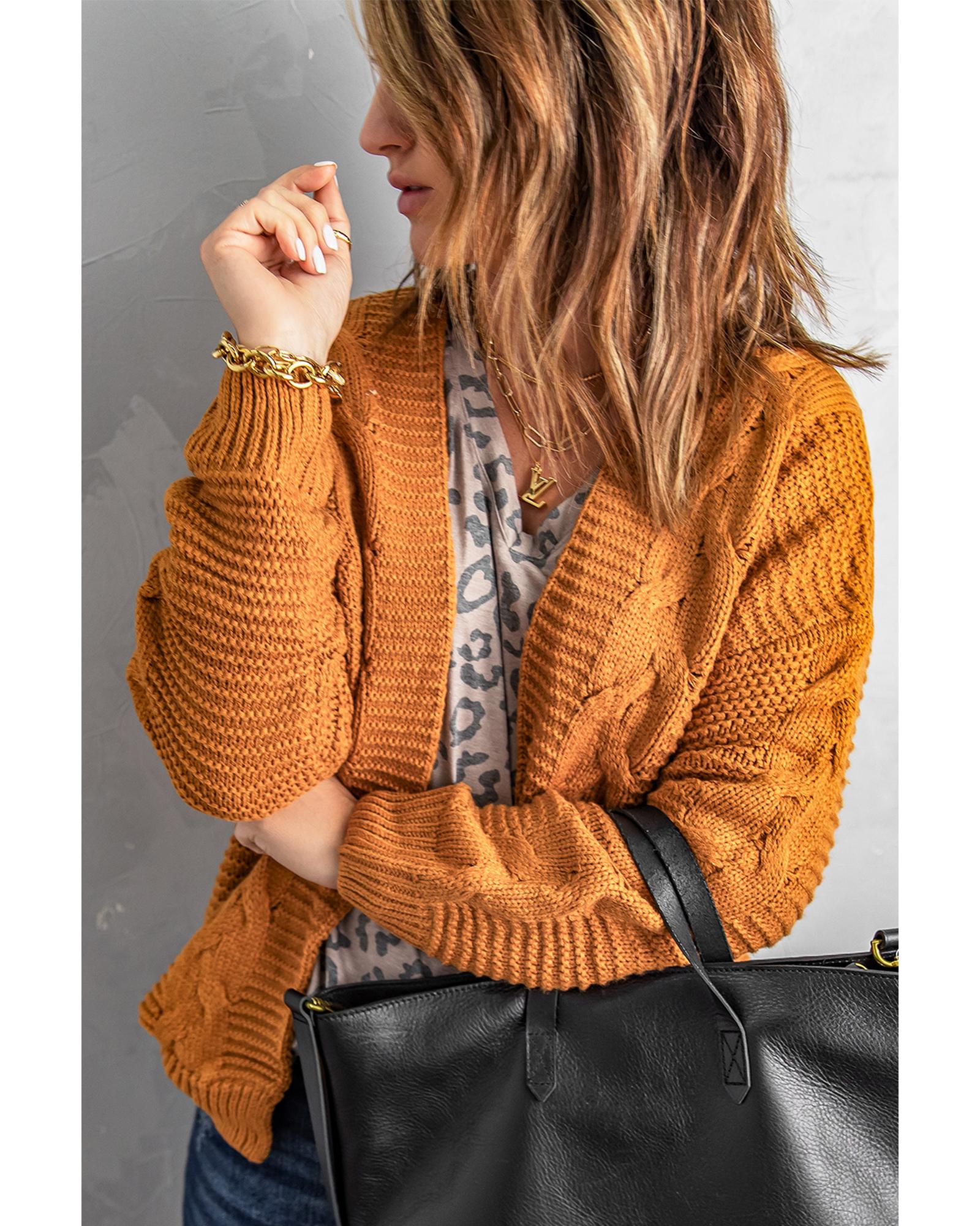 Khaki Chunky Wide Long Sleeve Knit Cardigan - M