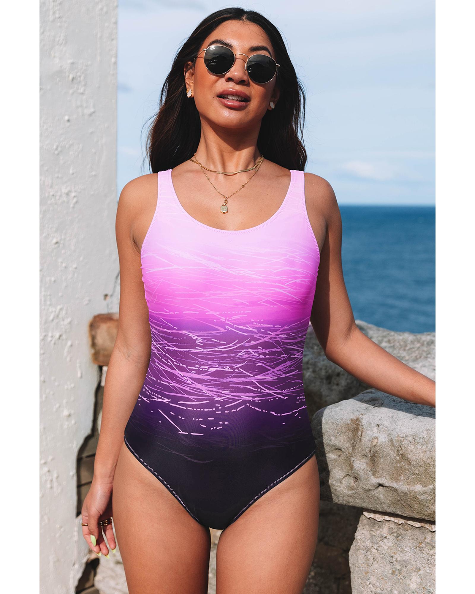 Purple Gradient Criss Cross Back One Piece Swimsuit - 2XL