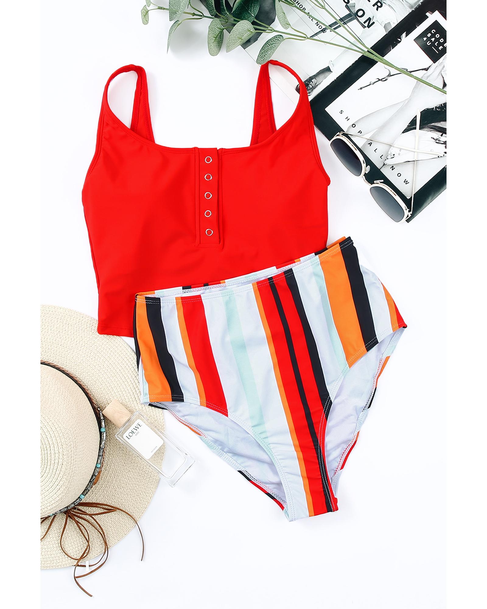 Square Neck Sleeveless Fashion Print Tankini Set - S