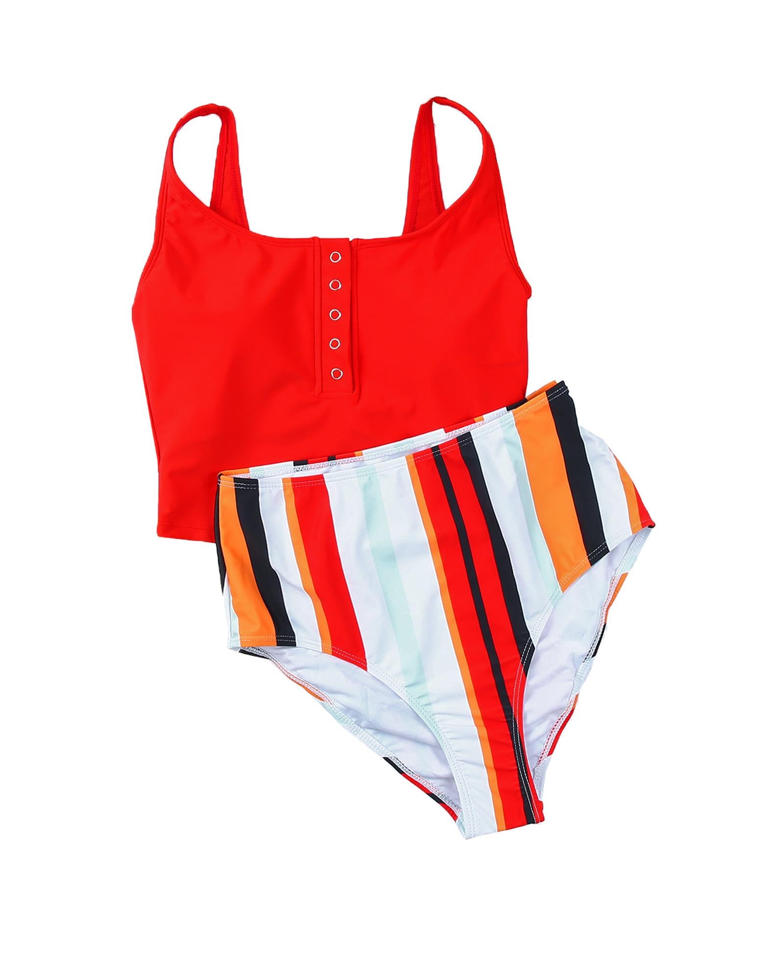 Square Neck Sleeveless Fashion Print Tankini Set - S