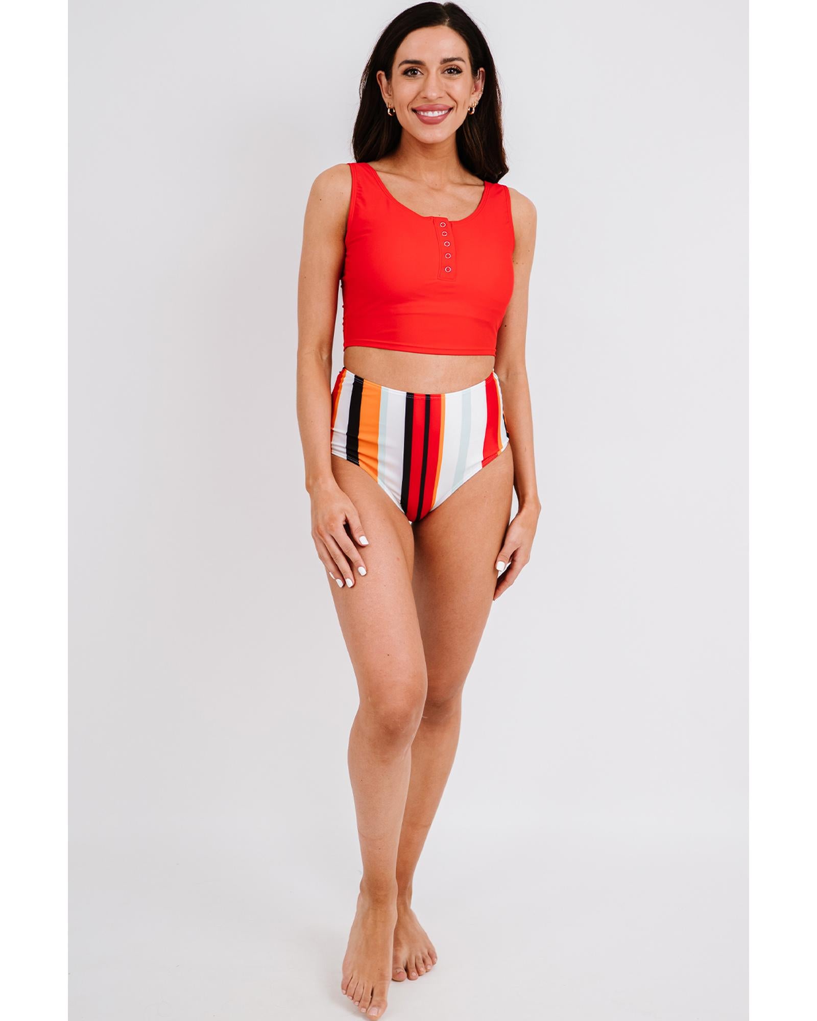Square Neck Sleeveless Fashion Print Tankini Set - S