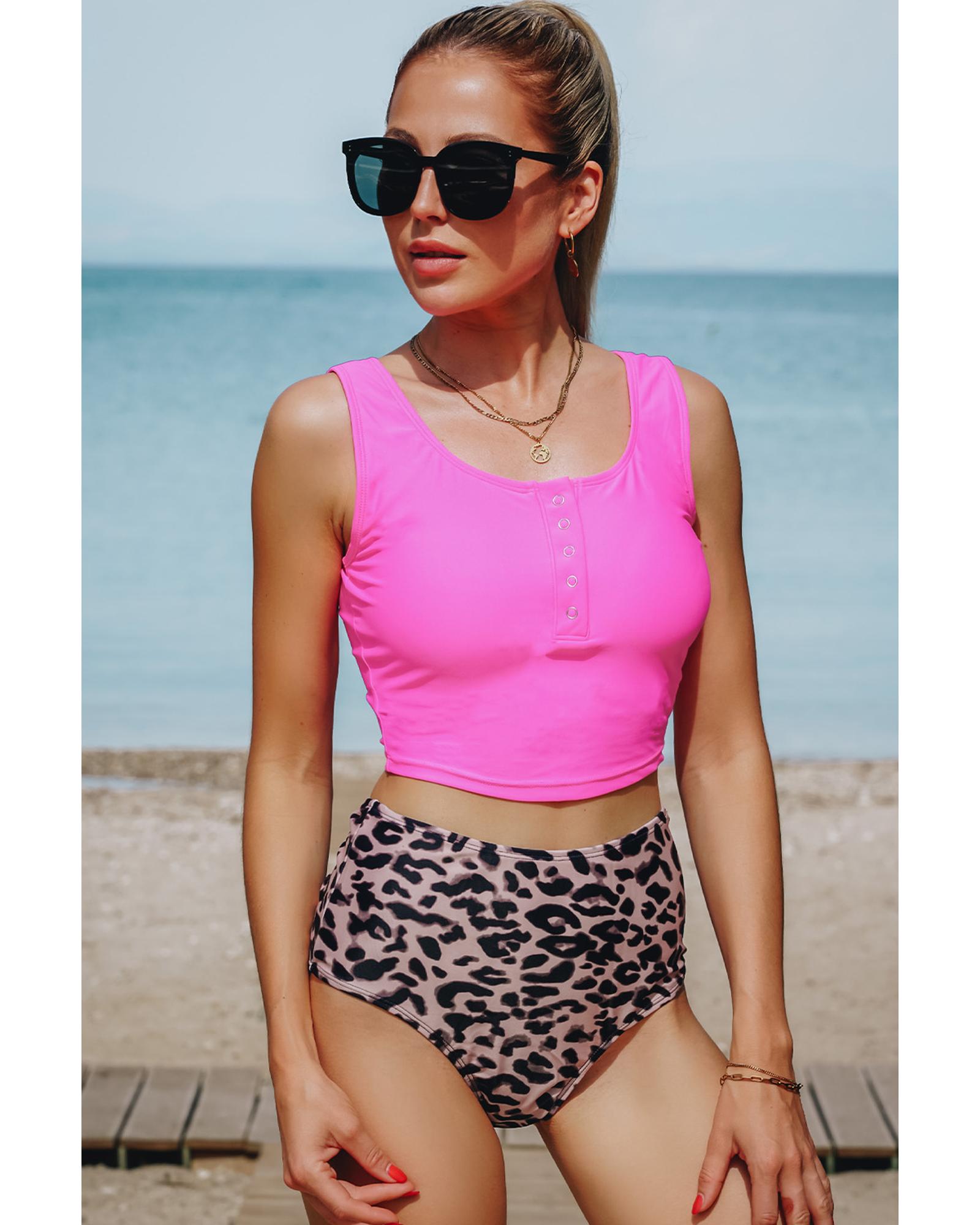 Leopard Square Neck Sleeveless Fashion Print Tankini Set - S