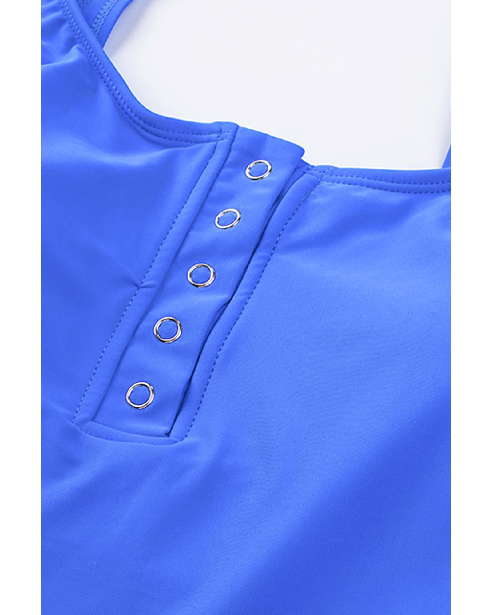 Blue Square Neck Sleeveless Fashion Print Tankini Set - M