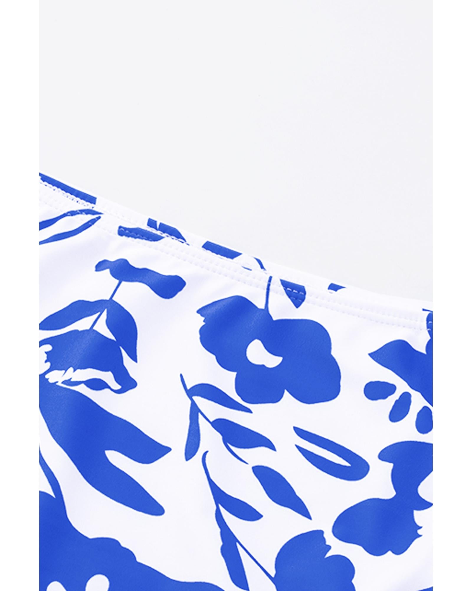 Blue Square Neck Sleeveless Fashion Print Tankini Set - M