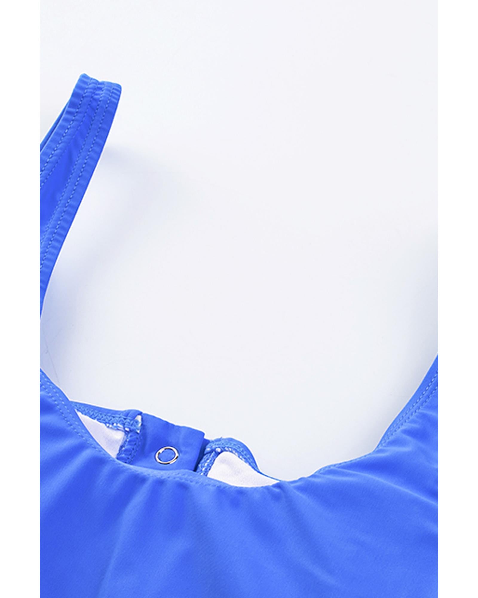 Blue Square Neck Sleeveless Fashion Print Tankini Set - M