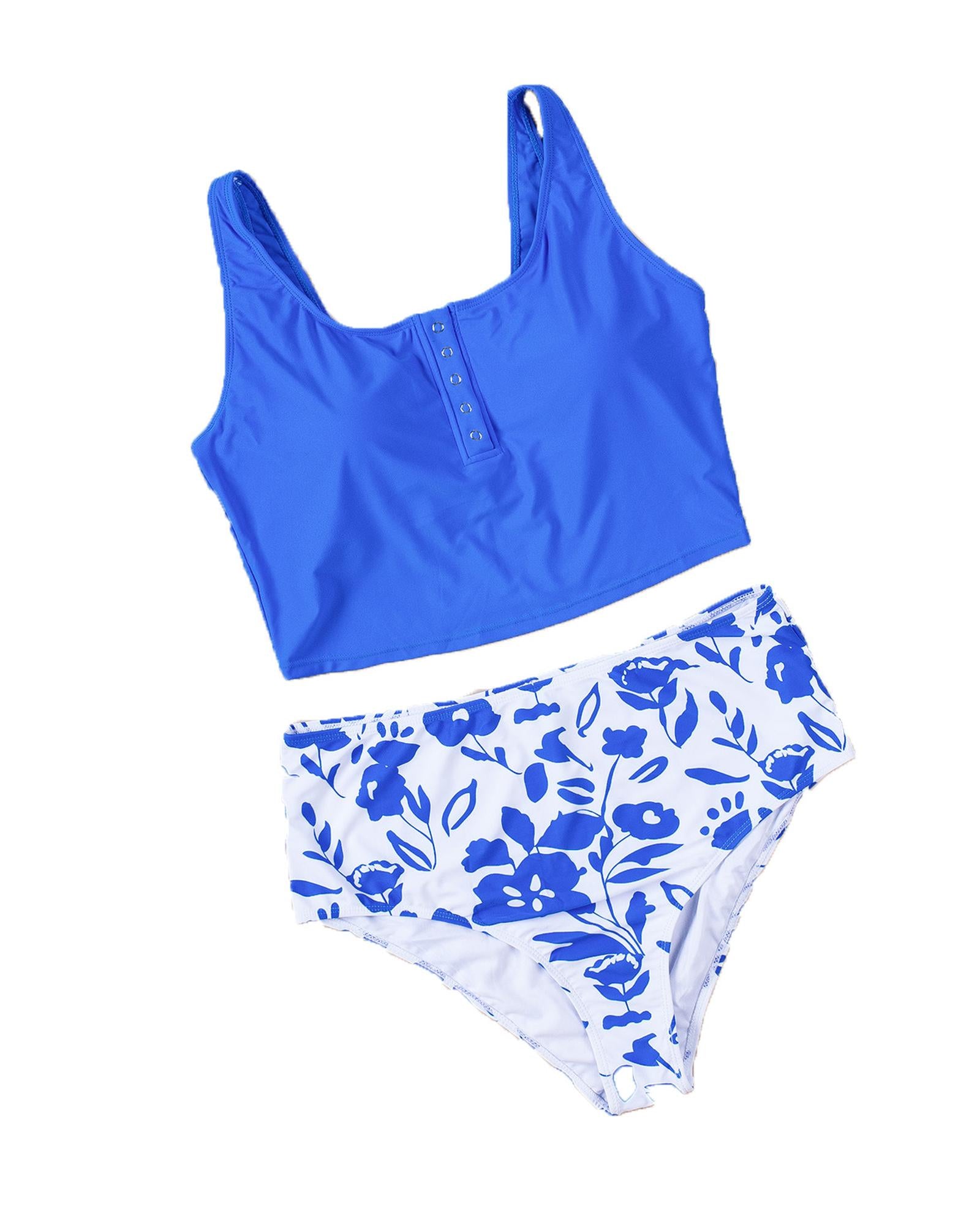 Blue Square Neck Sleeveless Fashion Print Tankini Set - M