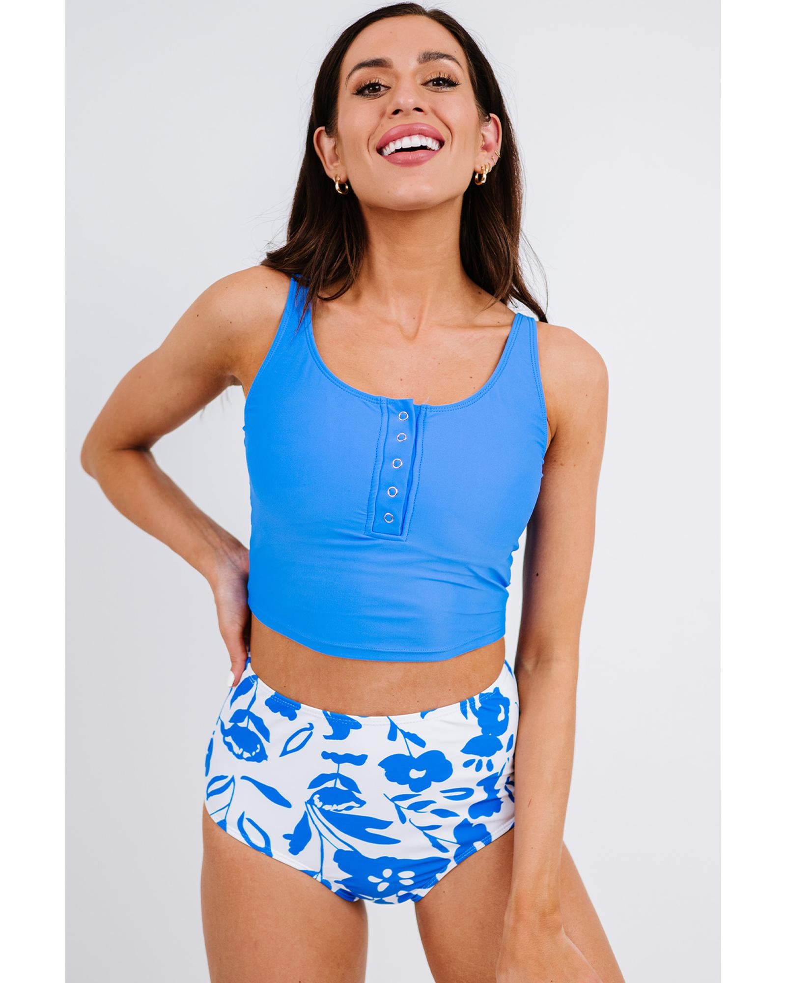 Blue Square Neck Sleeveless Fashion Print Tankini Set - M