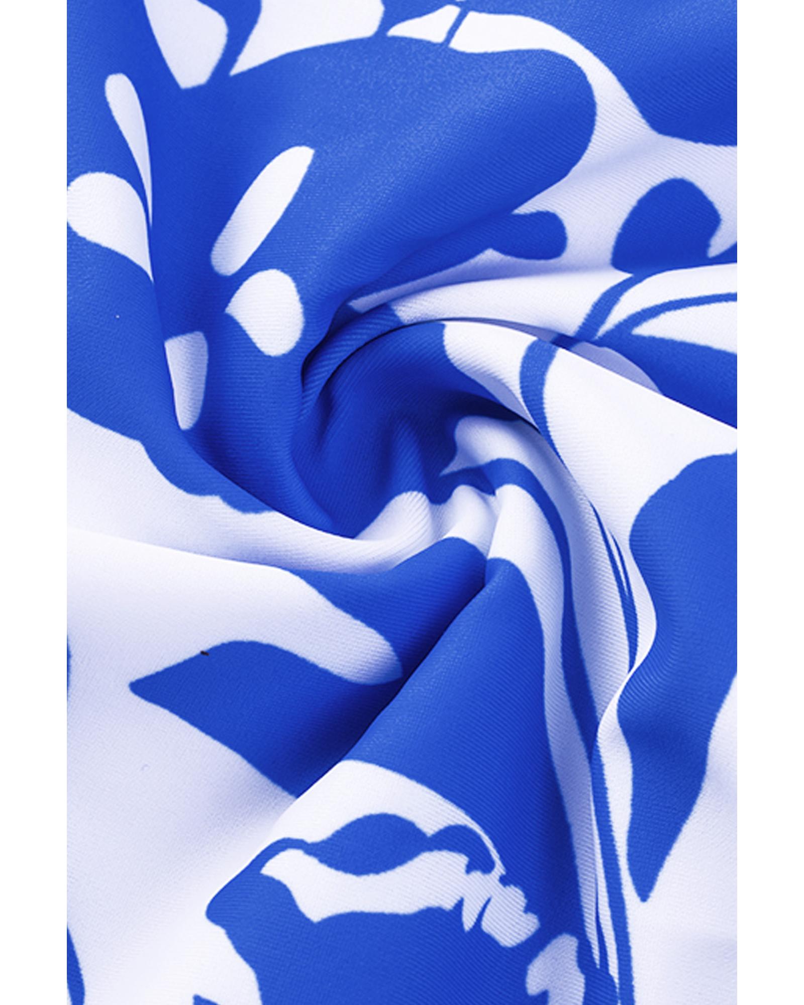Blue Square Neck Sleeveless Fashion Print Tankini Set - M