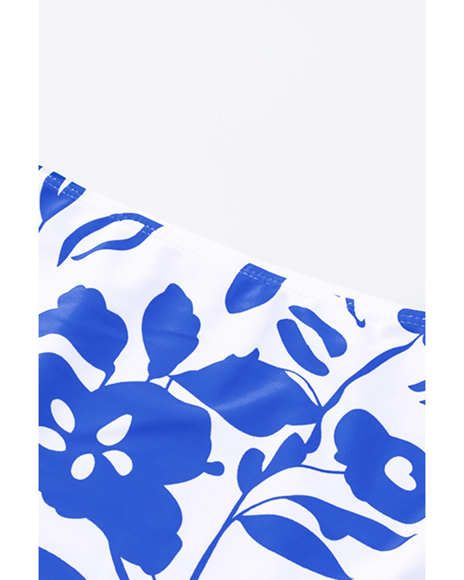 Blue Square Neck Sleeveless Fashion Print Tankini Set - M