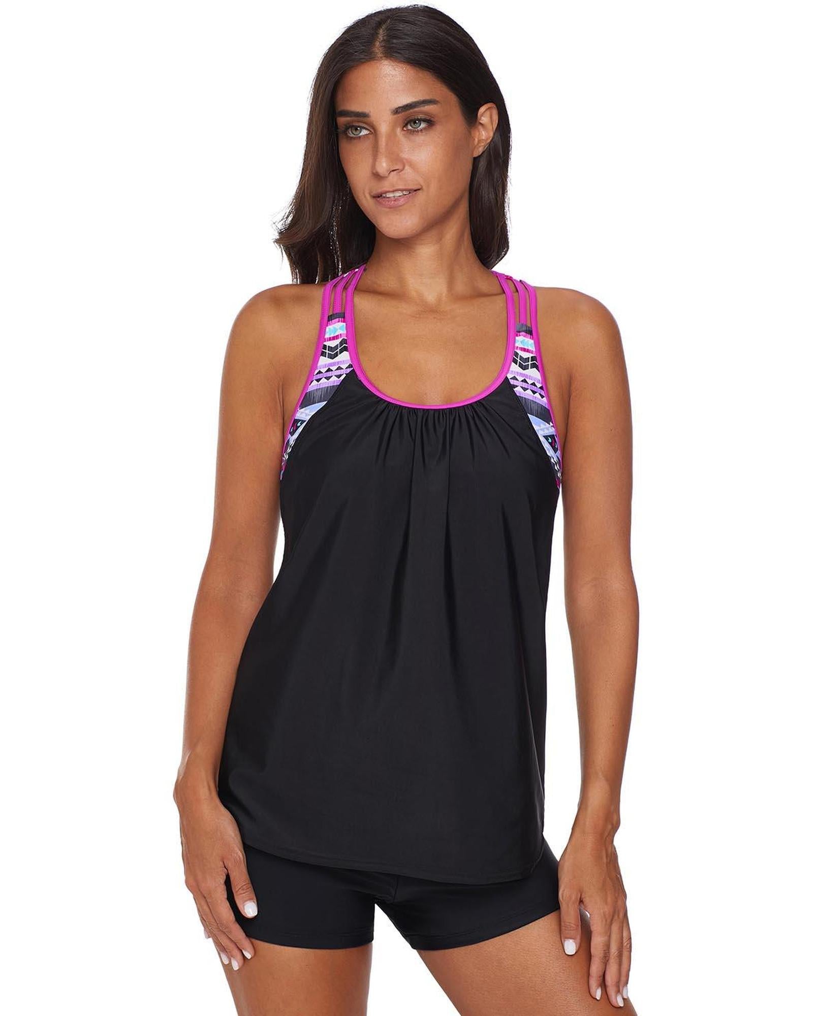 Rose Blouson Striped Printed Strappy T-Back Push up Tankini Top - S