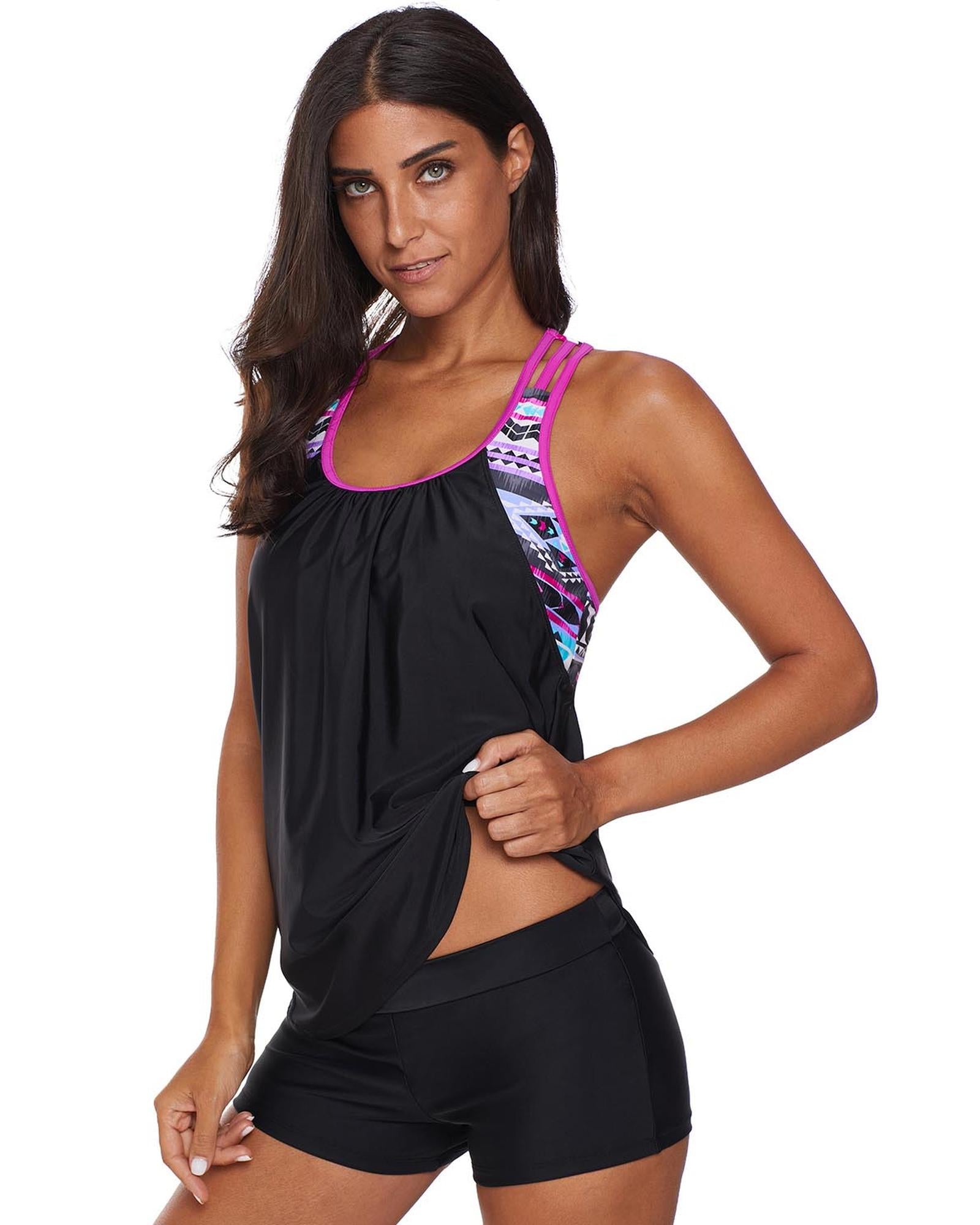 Rose Blouson Striped Printed Strappy T-Back Push up Tankini Top - S