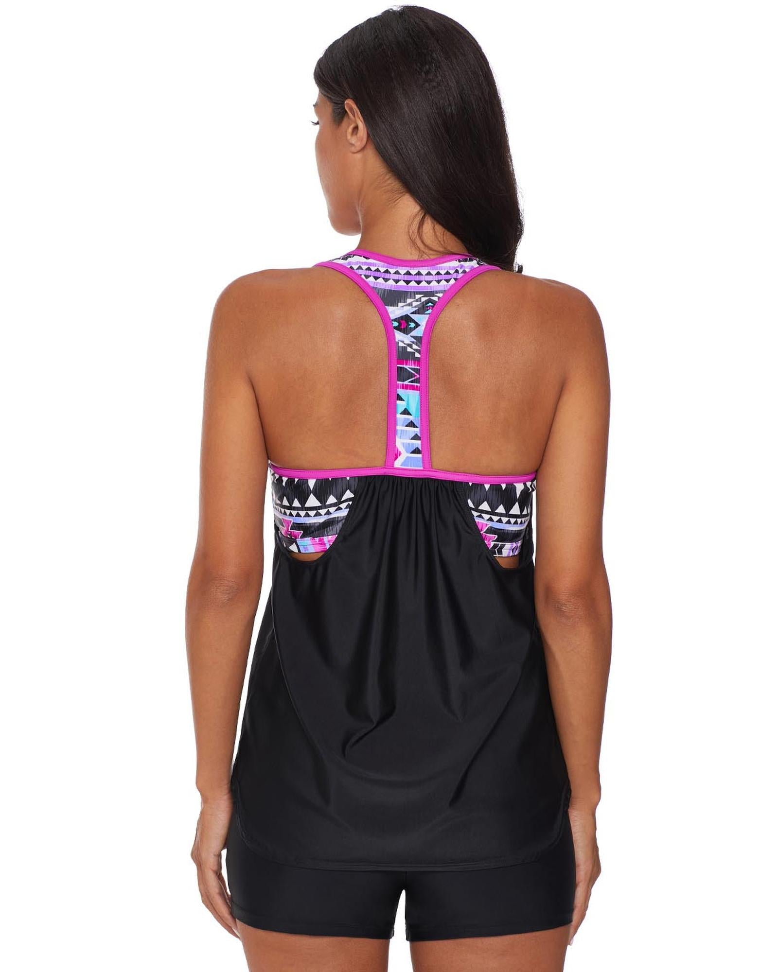 Rose Blouson Striped Printed Strappy T-Back Push up Tankini Top - S