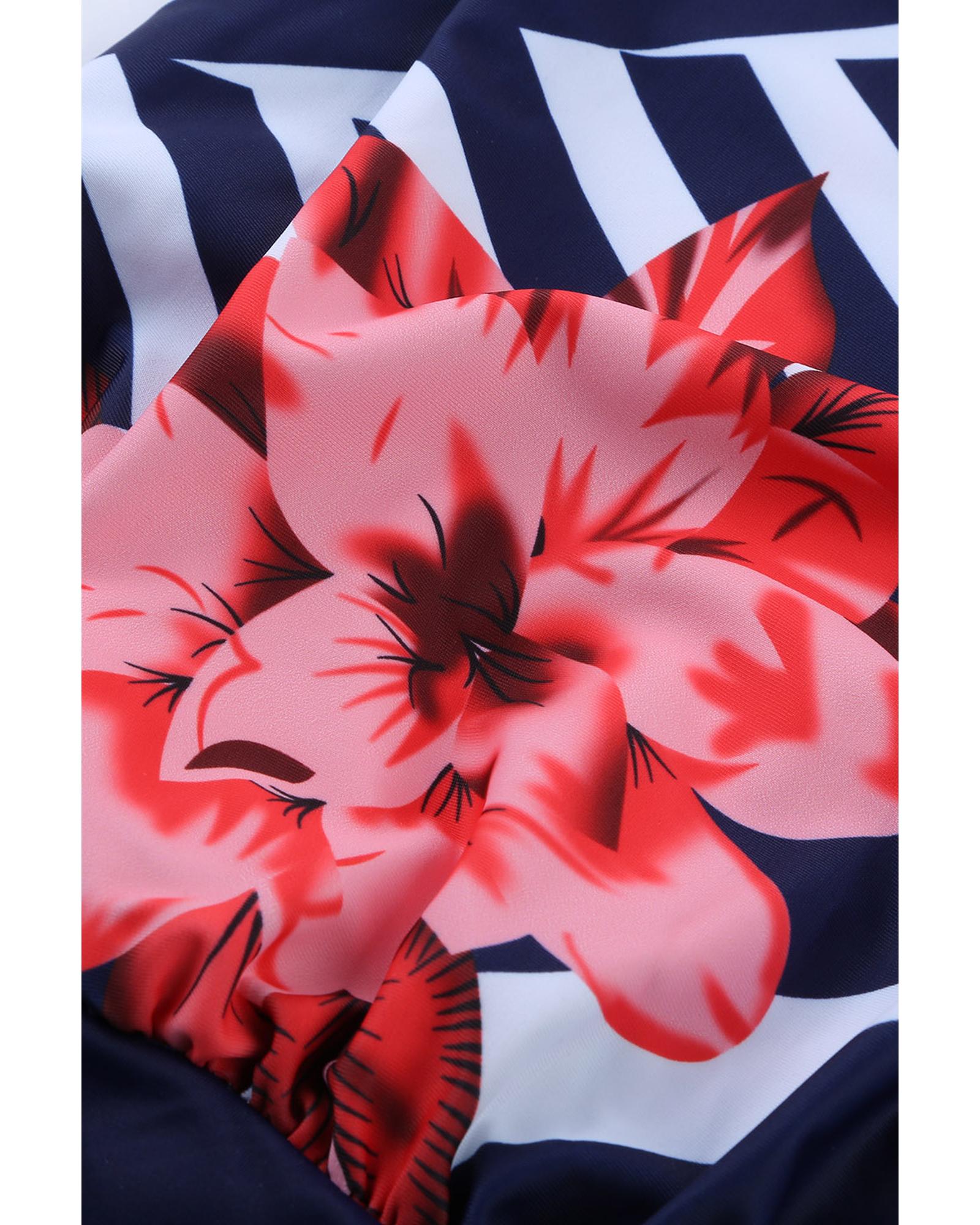 Fiery Red Floral Print Criss Cross Hollow-out Tankini Swimwear - M