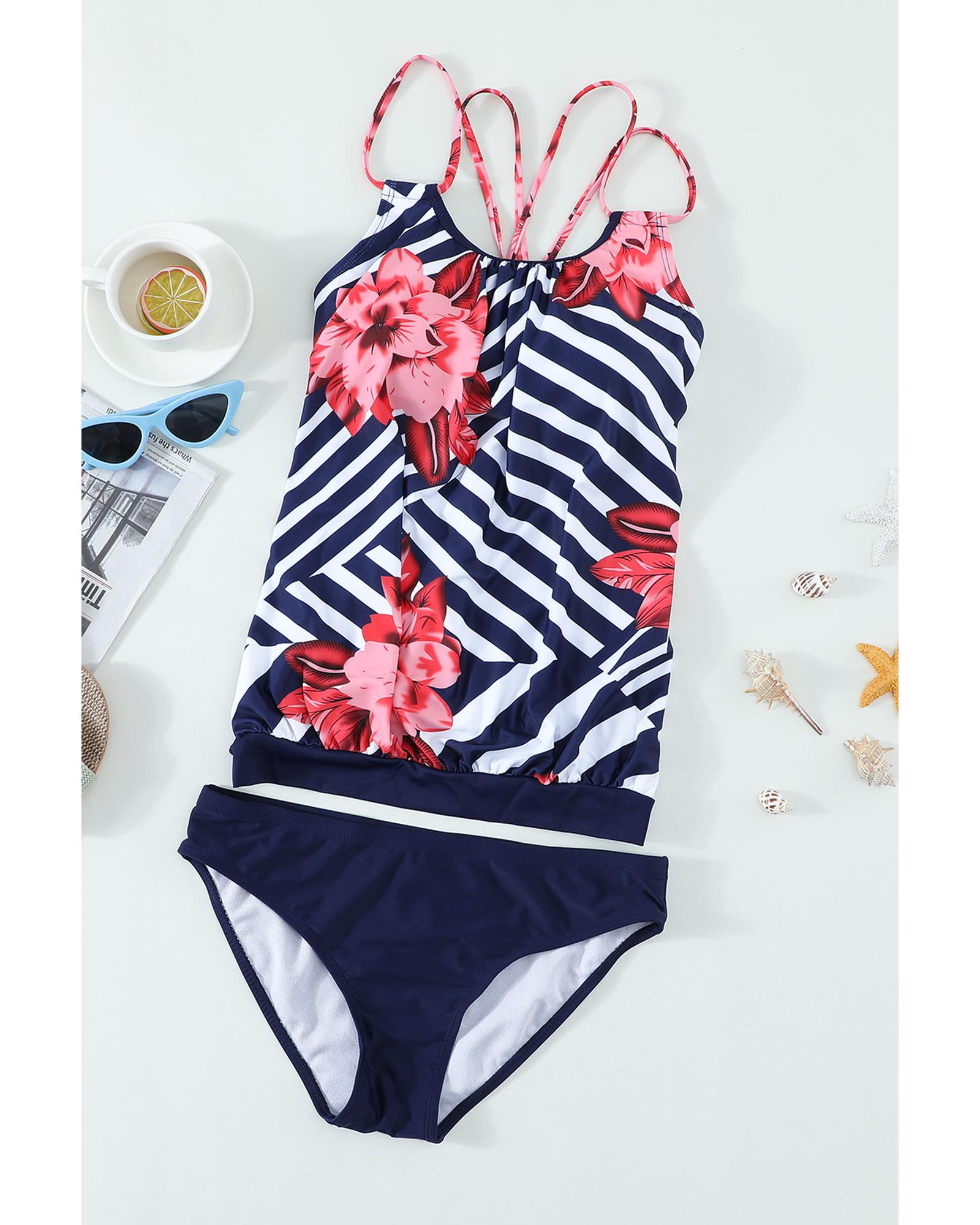 Fiery Red Floral Print Criss Cross Hollow-out Tankini Swimwear - M