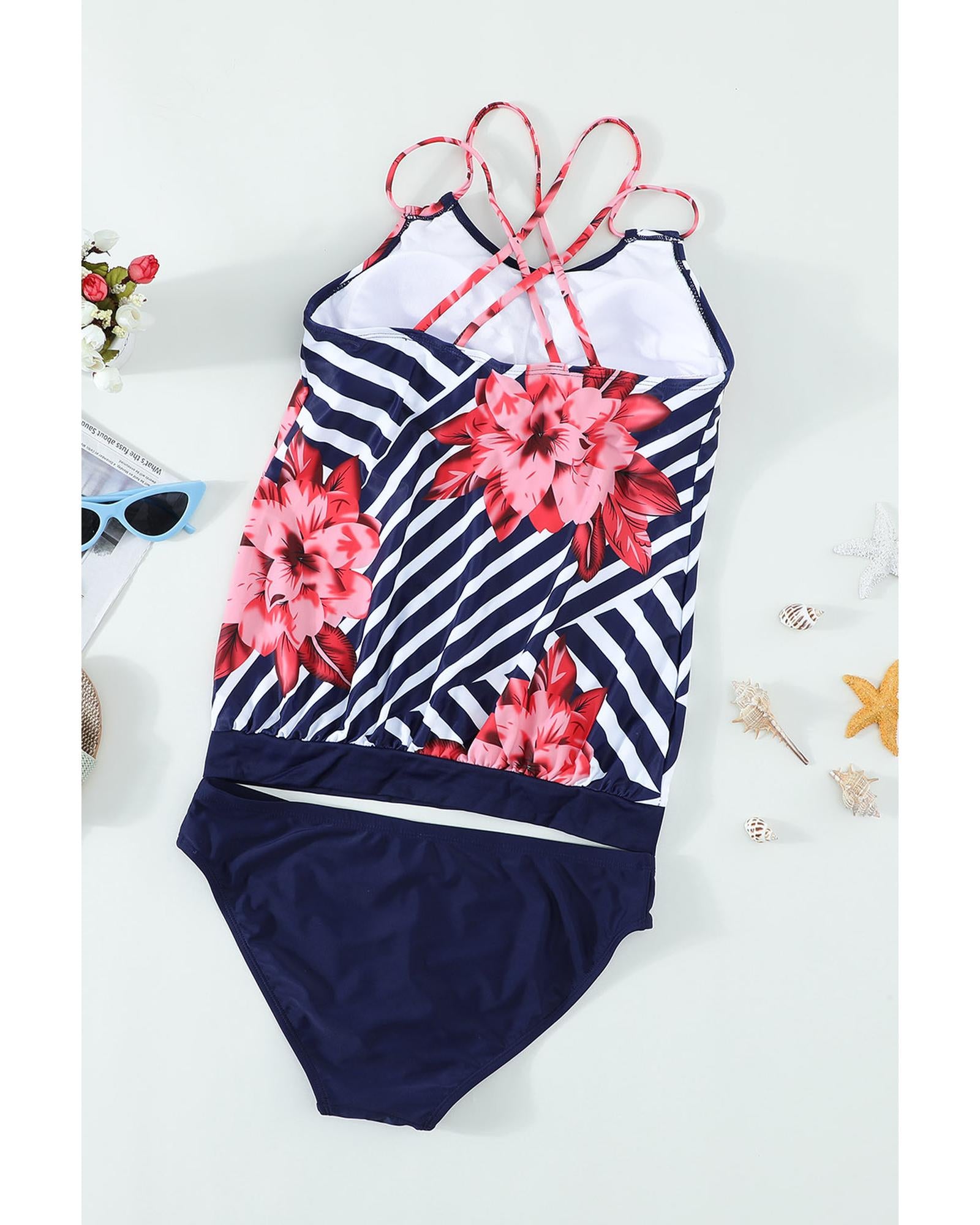 Fiery Red Floral Print Criss Cross Hollow-out Tankini Swimwear - M