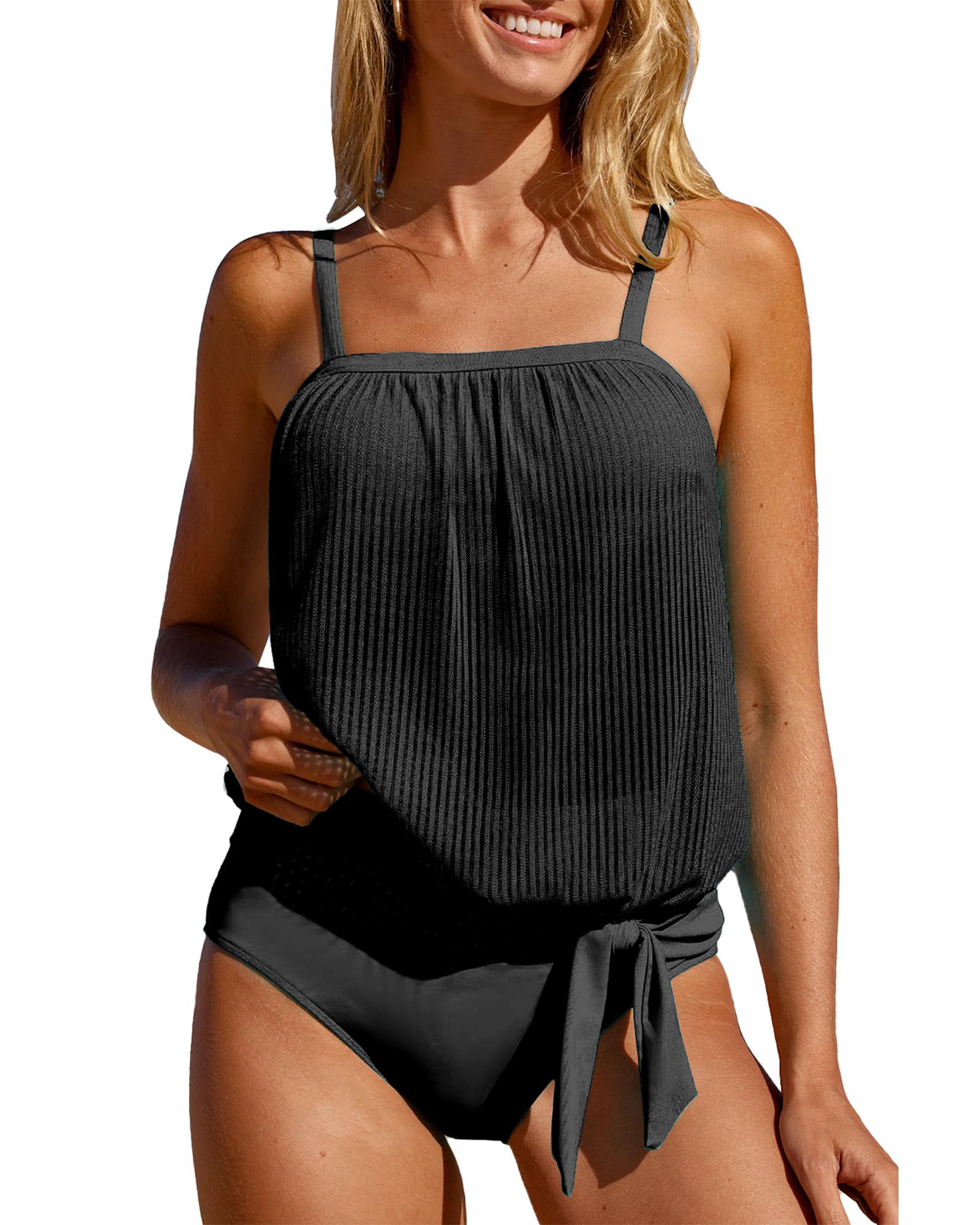 Black Striped Mesh Knotted Hem Tankini Swimsuit - S