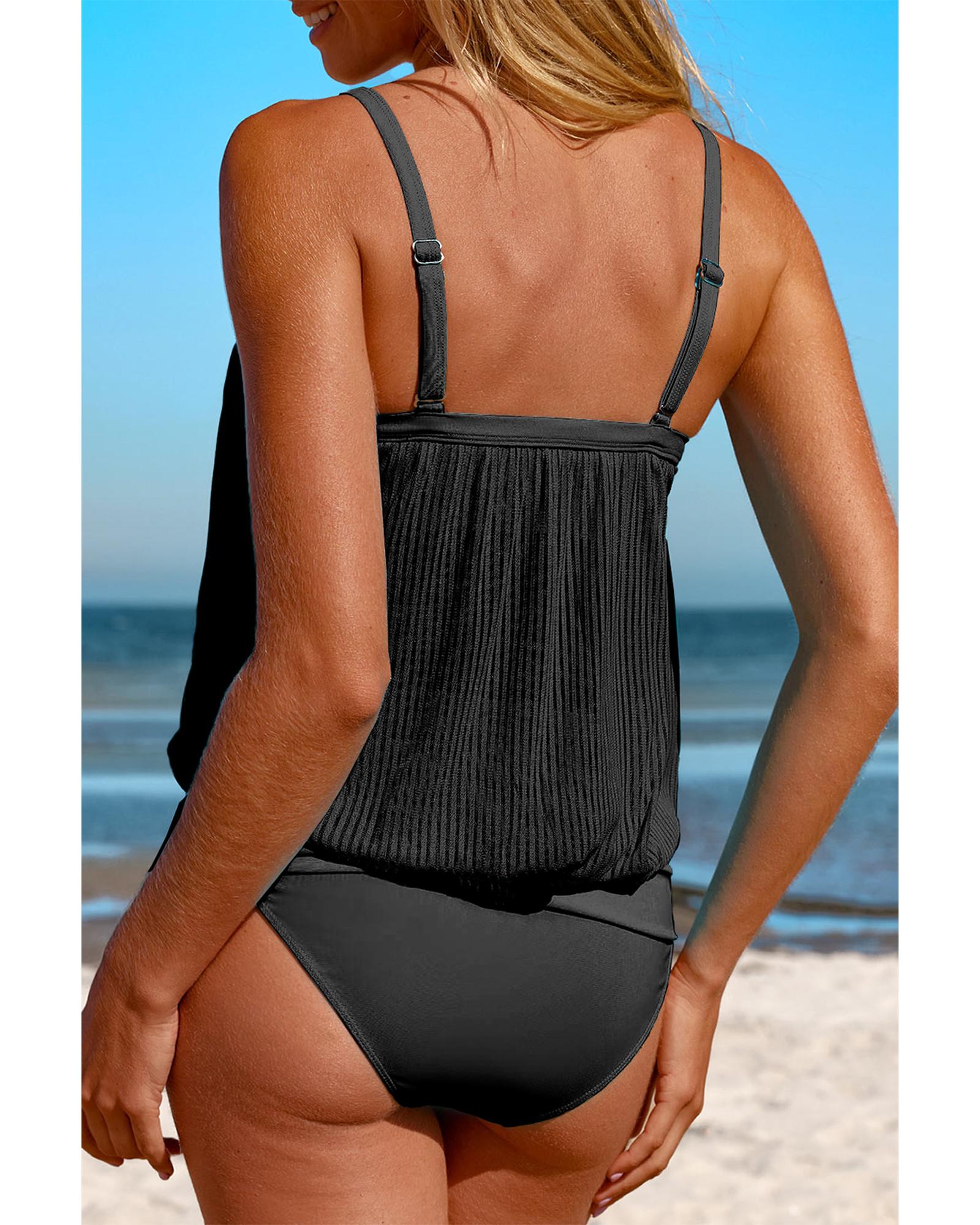 Black Striped Mesh Knotted Hem Tankini Swimsuit - S