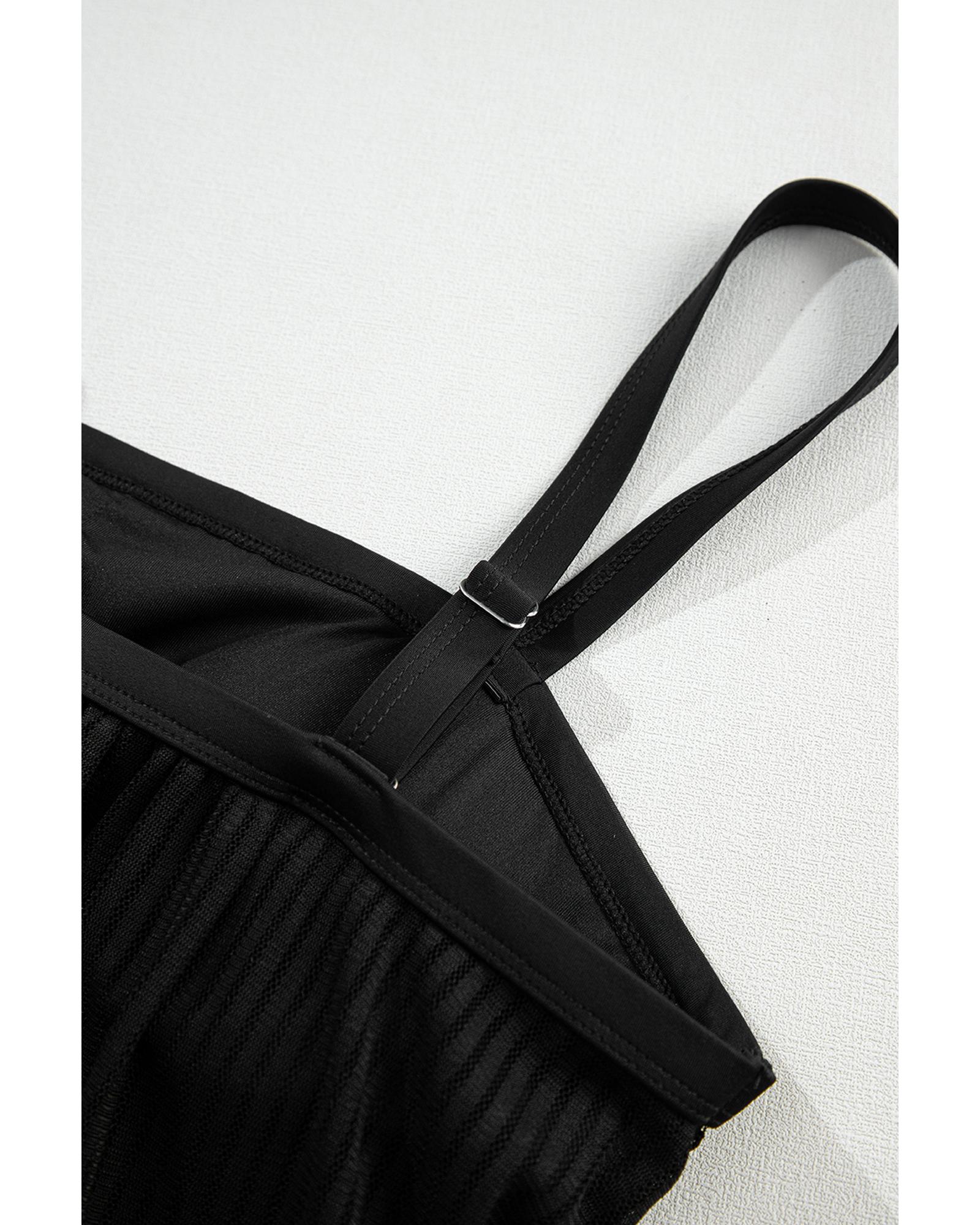 Black Striped Mesh Knotted Hem Tankini Swimsuit - S