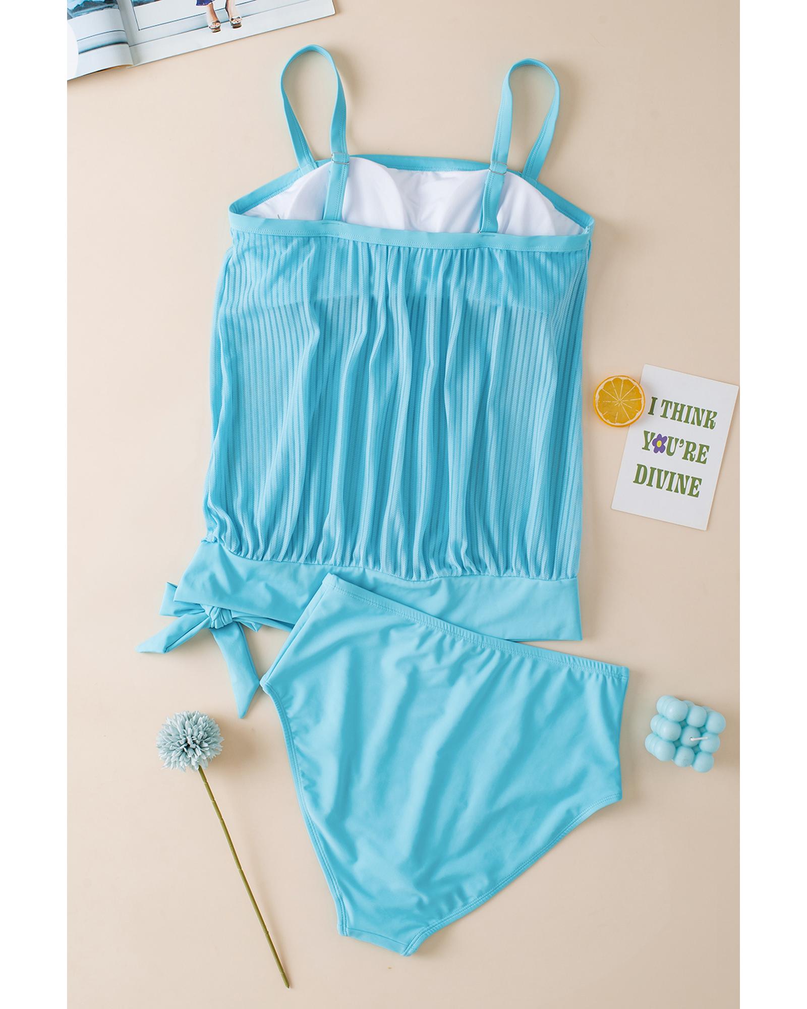 Turquoise Striped Mesh Knotted Hem Tankini Swimsuit - 2XL