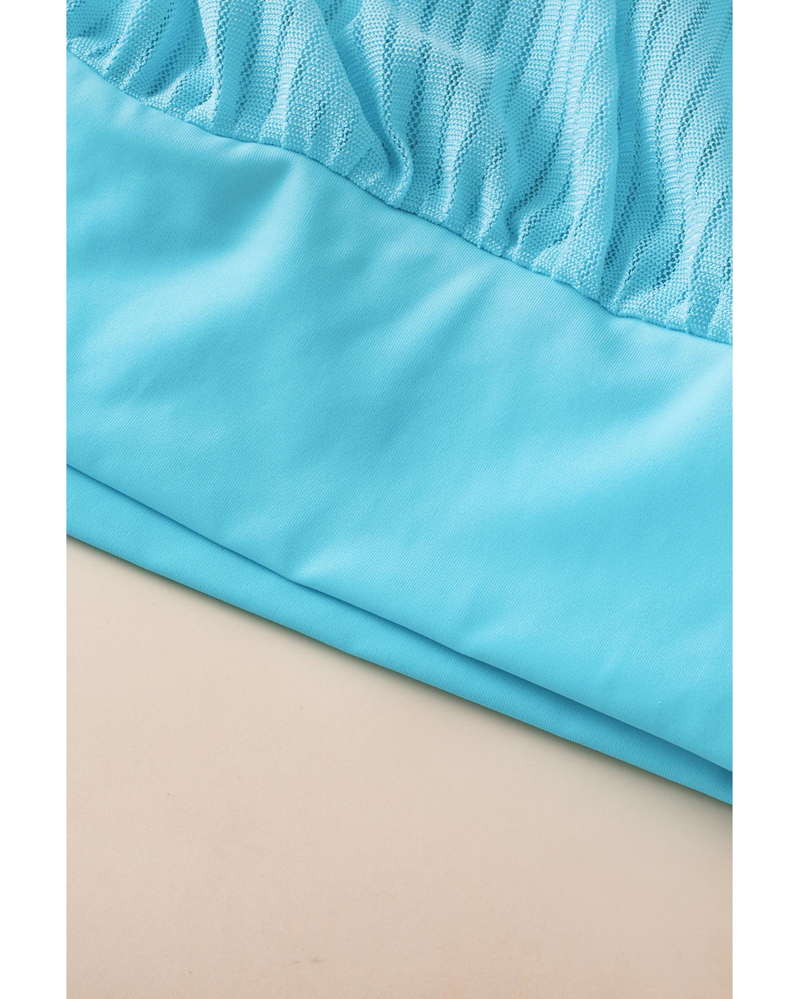 Turquoise Striped Mesh Knotted Hem Tankini Swimsuit - 2XL