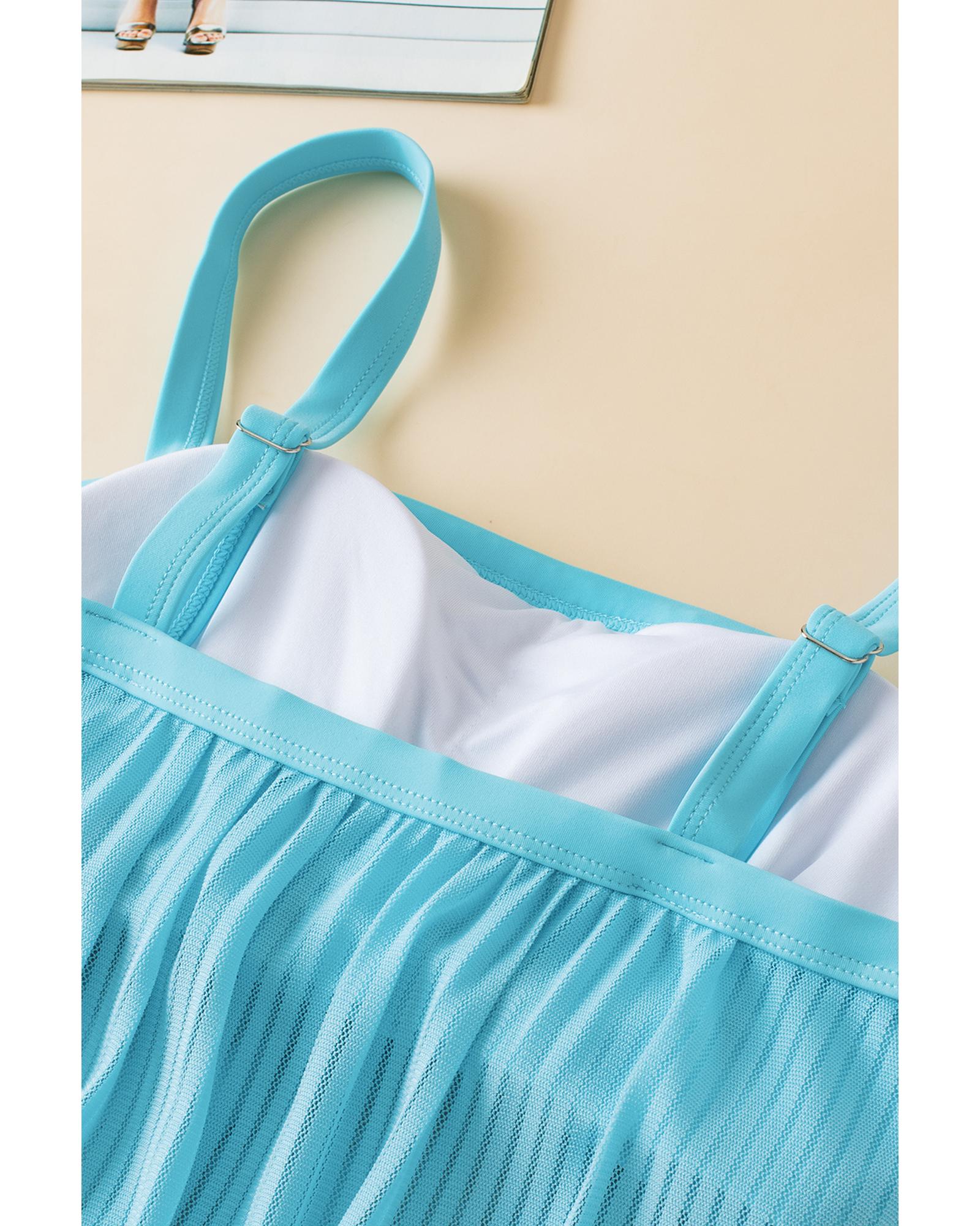 Turquoise Striped Mesh Knotted Hem Tankini Swimsuit - S