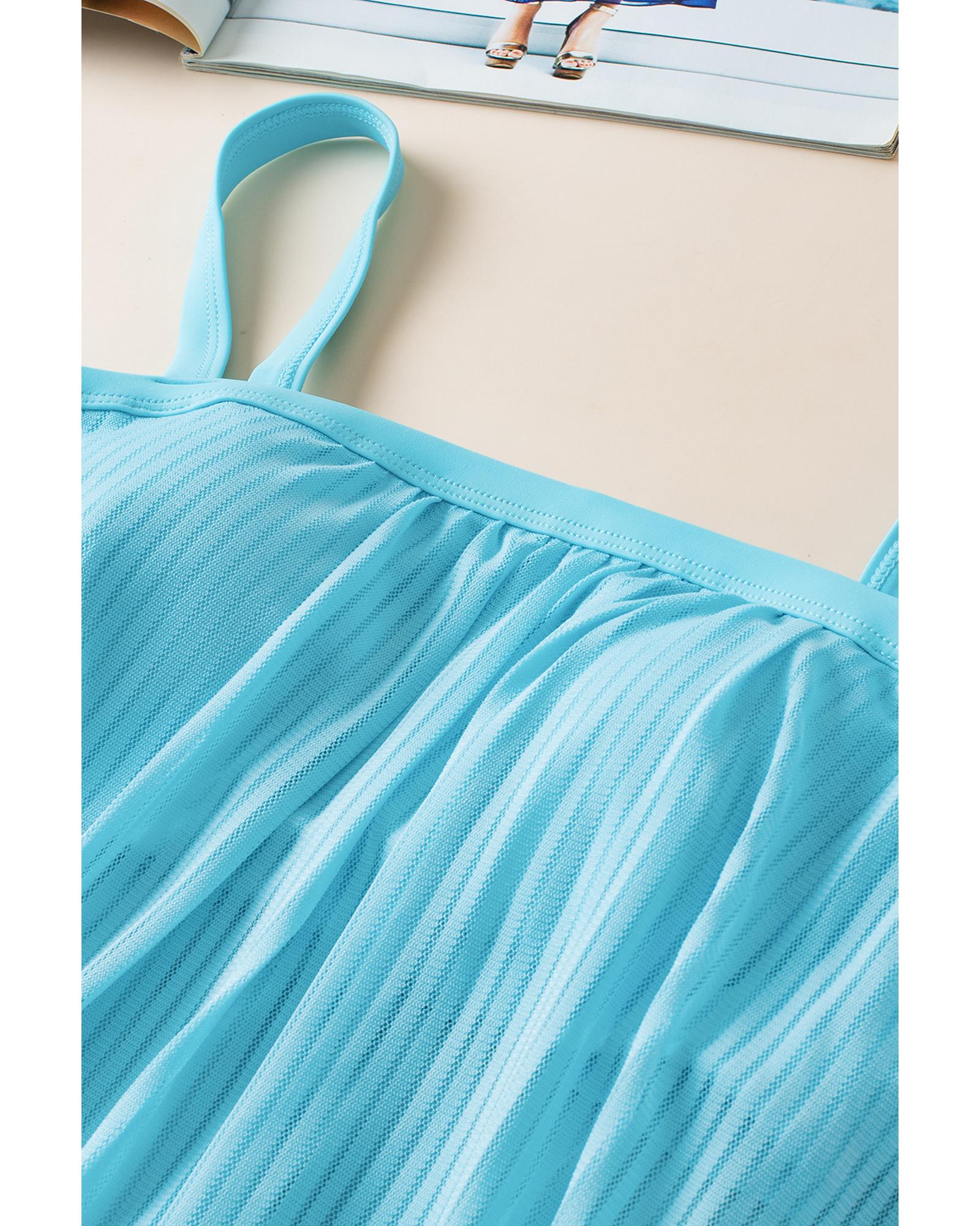 Turquoise Striped Mesh Knotted Hem Tankini Swimsuit - S