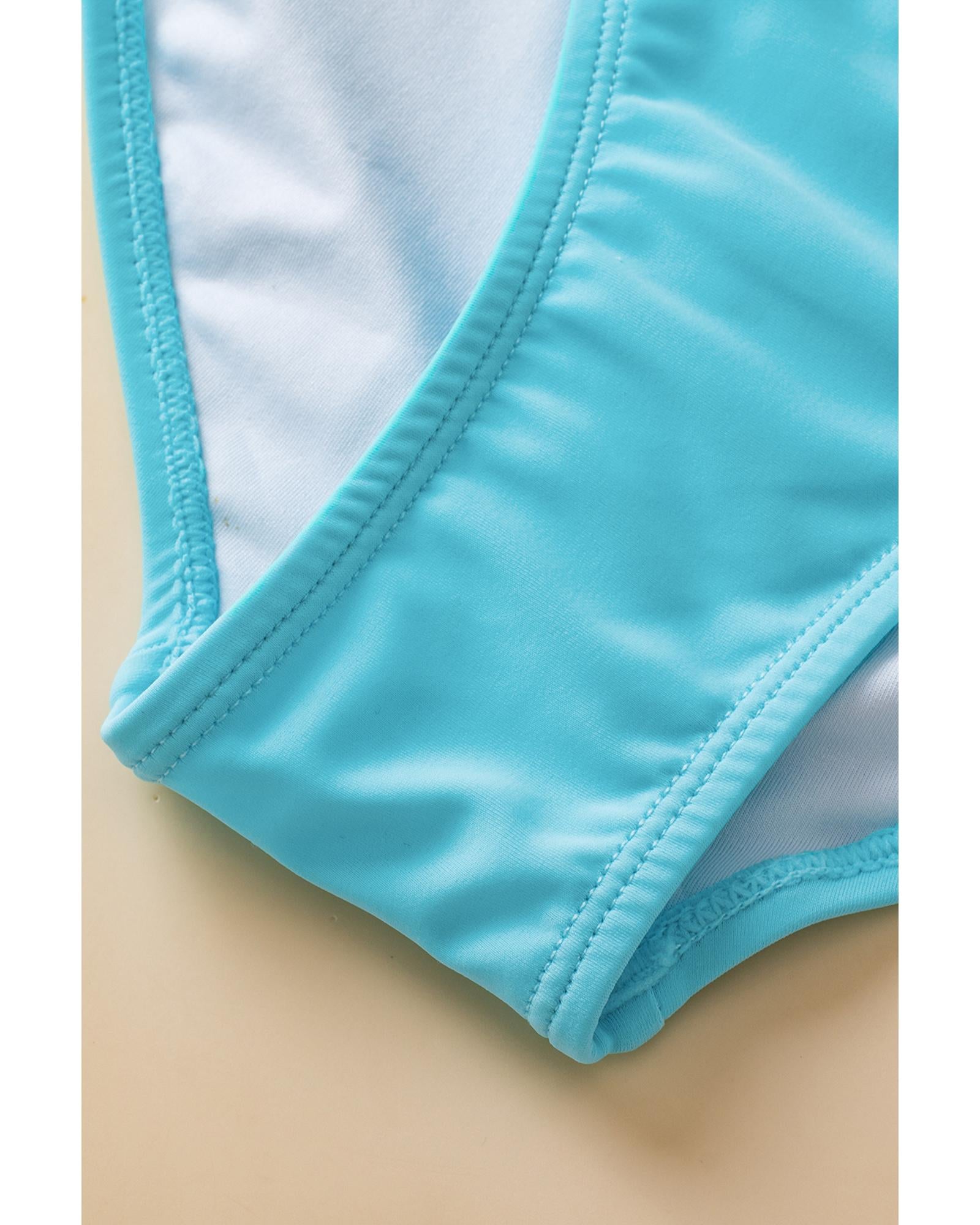 Turquoise Striped Mesh Knotted Hem Tankini Swimsuit - S