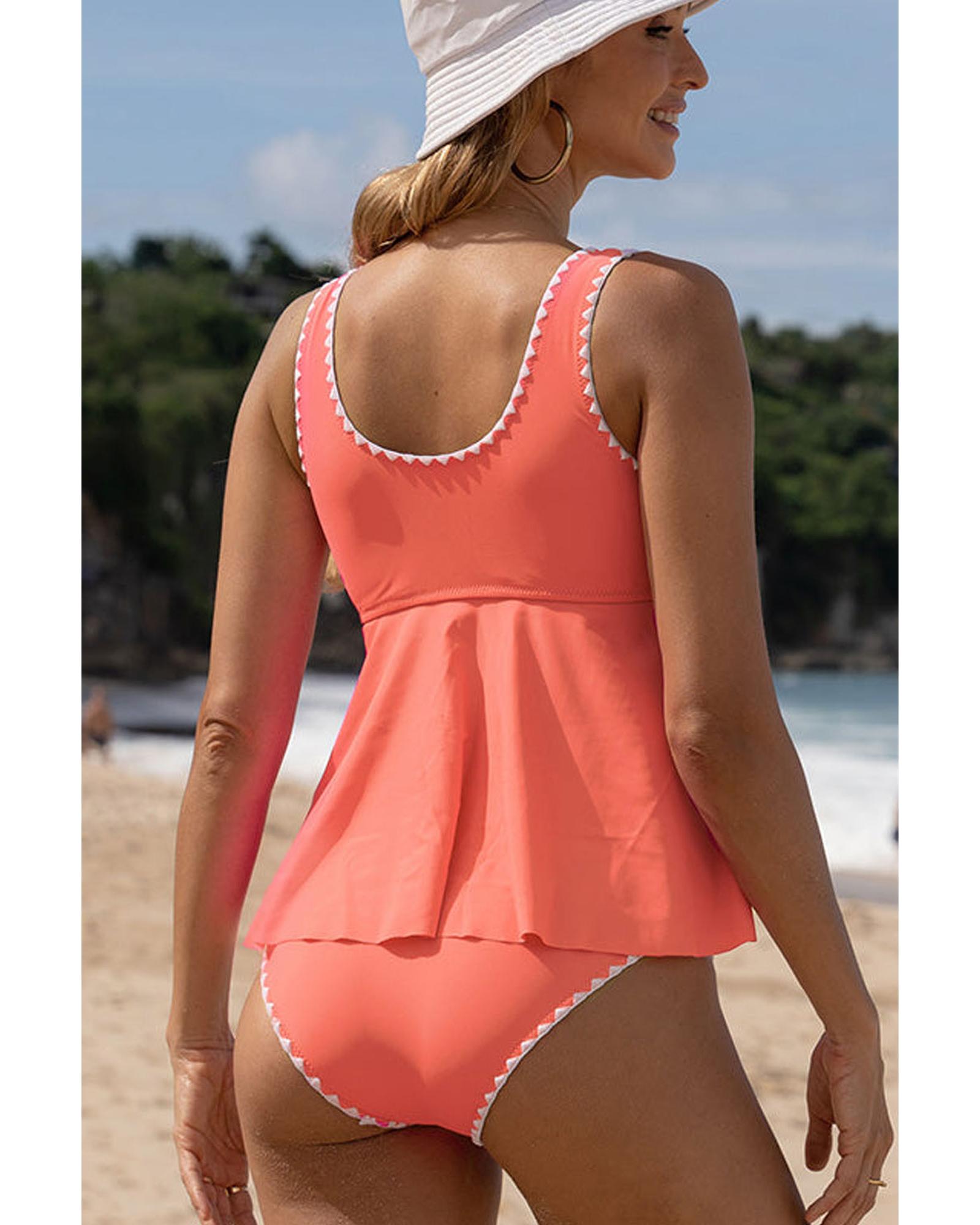 Fresh Salmon Contrast Trim Ruffled Peplum Top Tankini Swimsuit - M