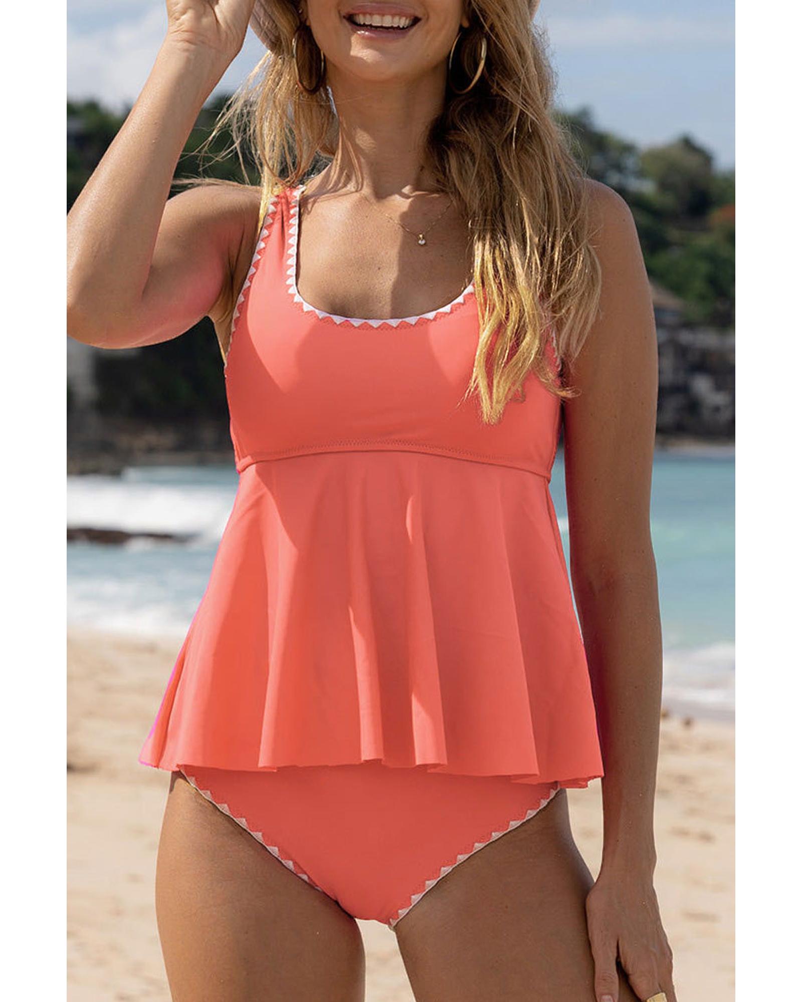 Fresh Salmon Contrast Trim Ruffled Peplum Top Tankini Swimsuit - M