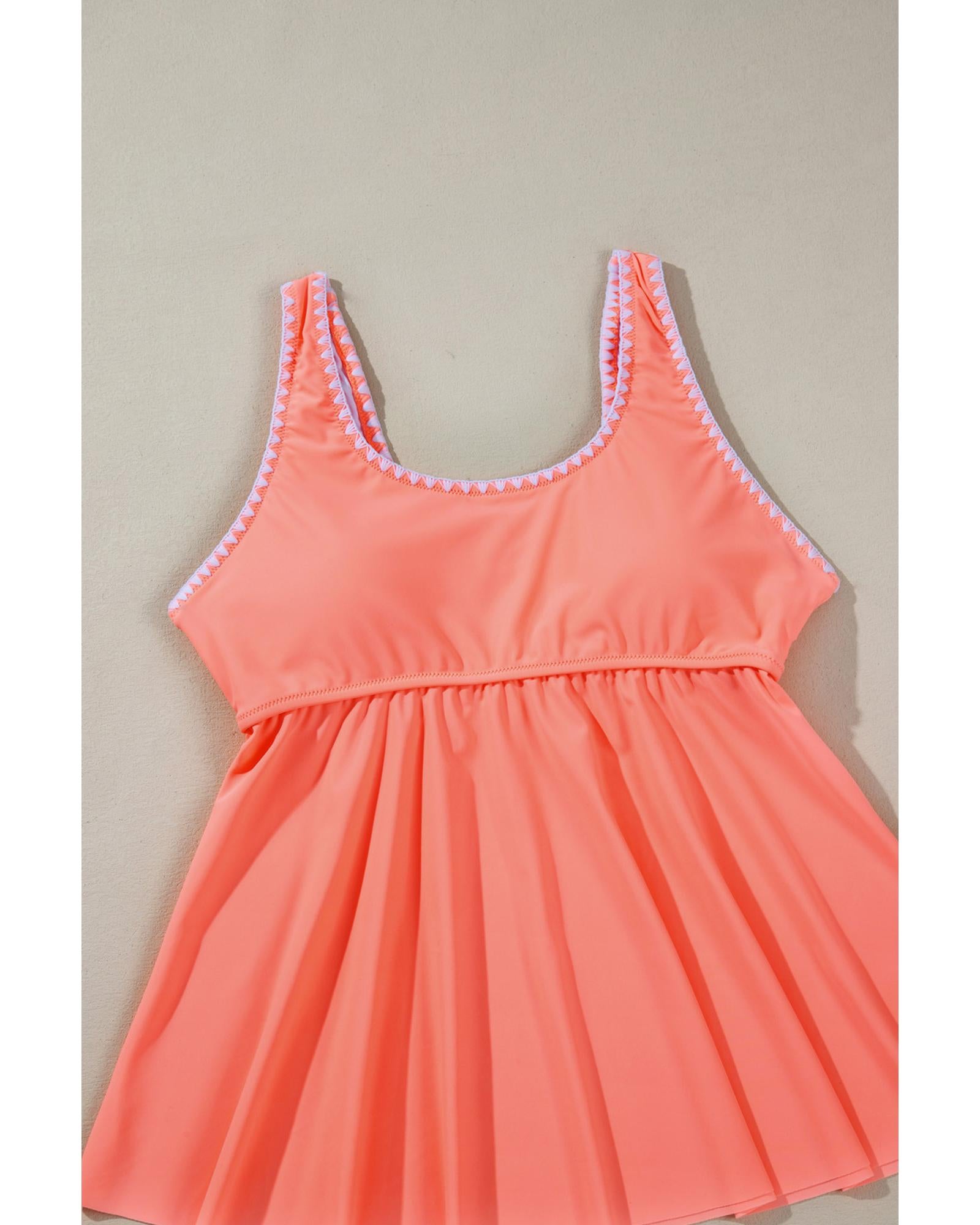 Fresh Salmon Contrast Trim Ruffled Peplum Top Tankini Swimsuit - M