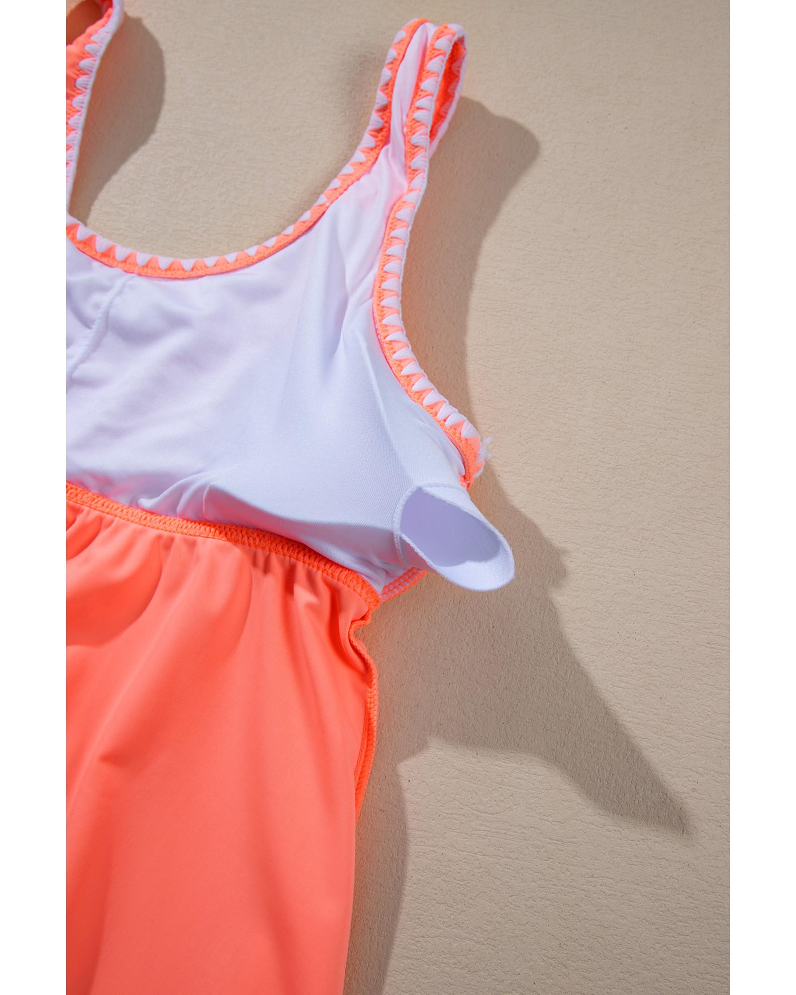 Fresh Salmon Contrast Trim Ruffled Peplum Top Tankini Swimsuit - M