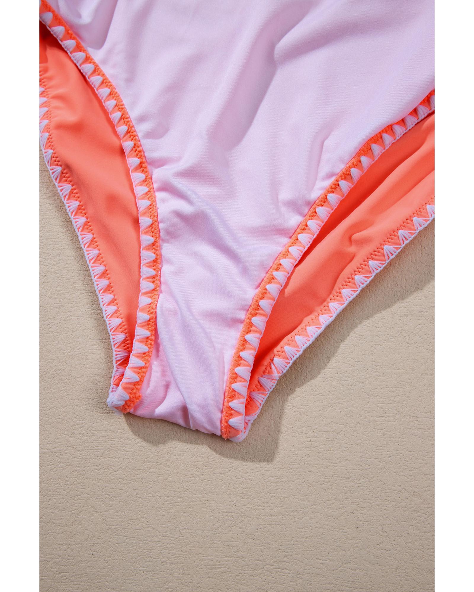 Fresh Salmon Contrast Trim Ruffled Peplum Top Tankini Swimsuit - M