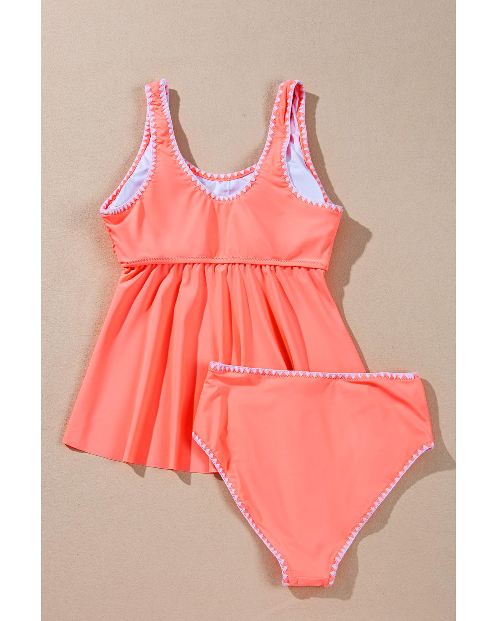 Fresh Salmon Contrast Trim Ruffled Peplum Top Tankini Swimsuit - M
