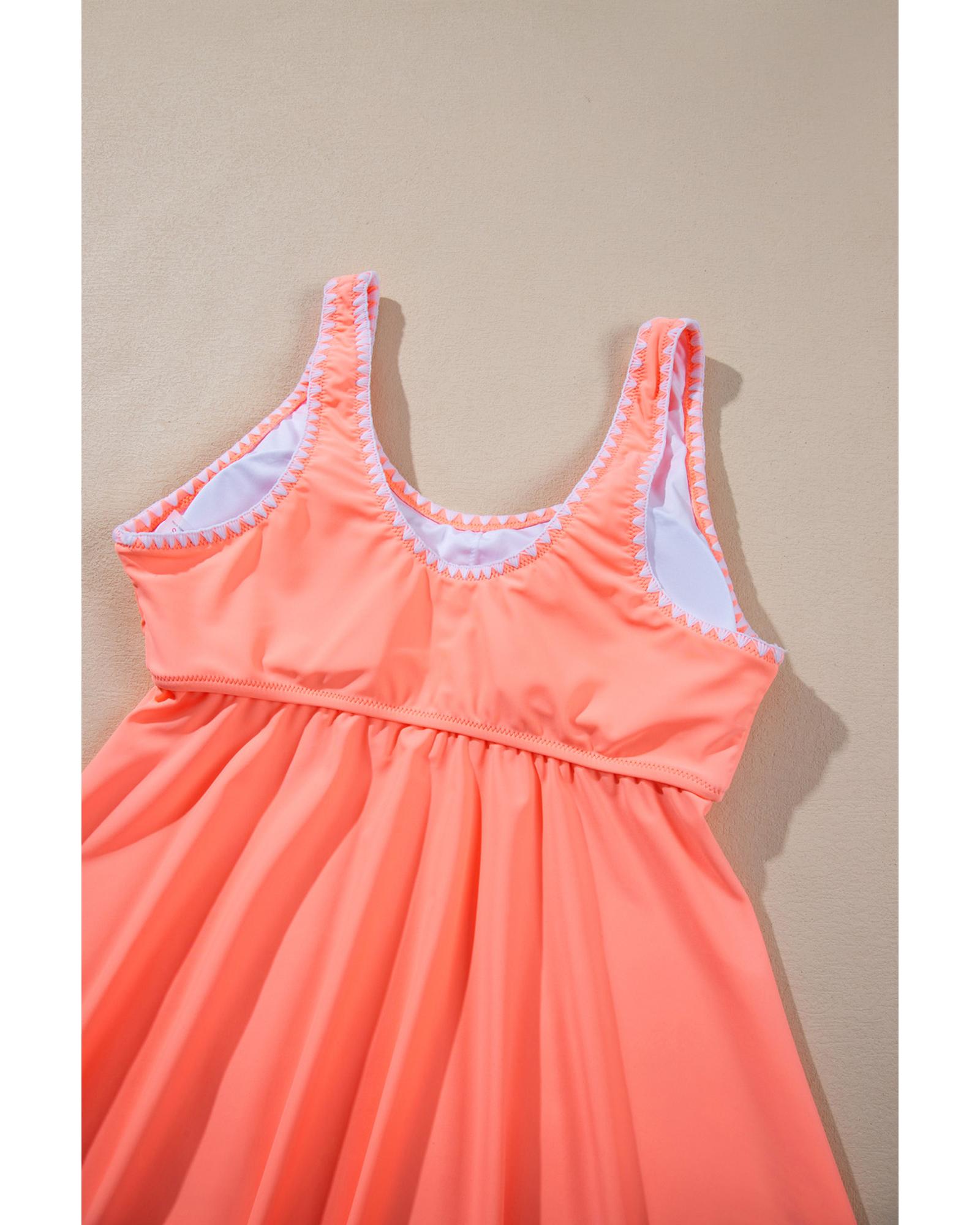 Fresh Salmon Contrast Trim Ruffled Peplum Top Tankini Swimsuit - M
