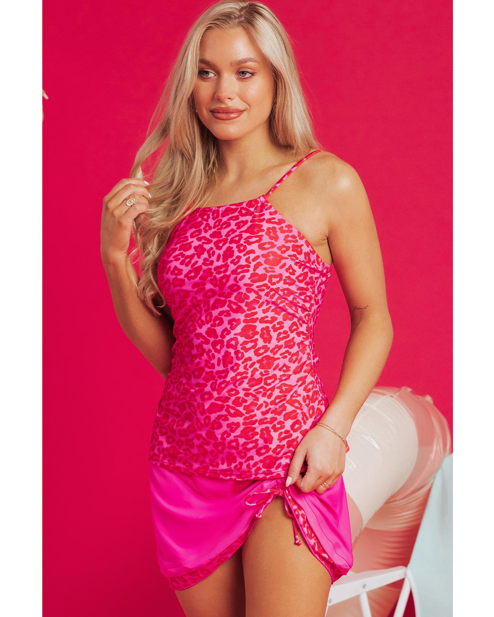 Rose Leopard Drawstring Side Tankini 2pcs Swimsuit - M