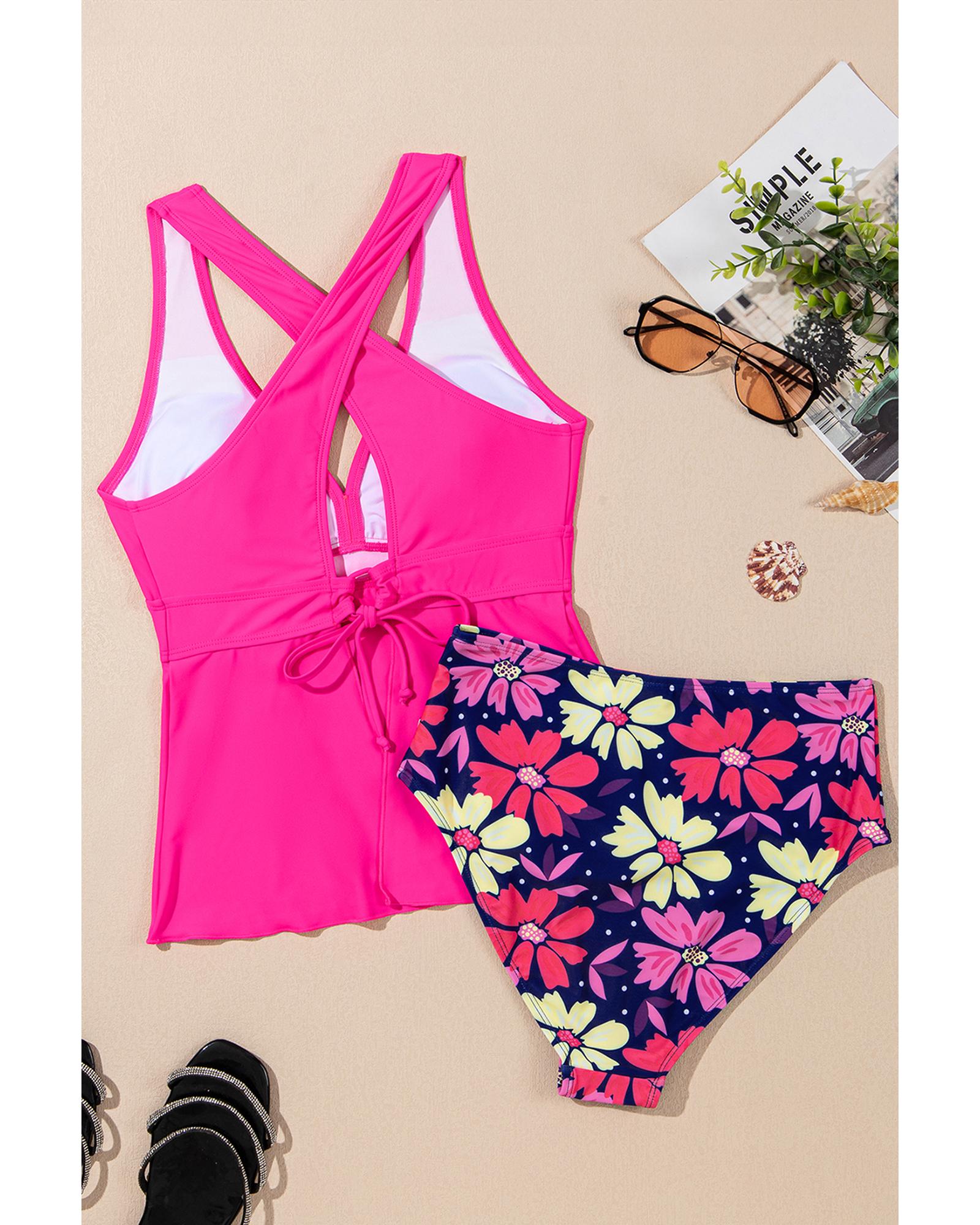Rose V Neck Ruffled Hem Floral Bottom Tankini Set - M