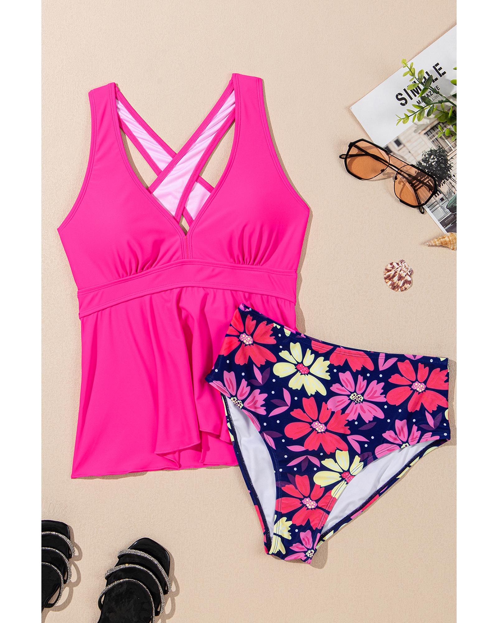 Rose V Neck Ruffled Hem Floral Bottom Tankini Set - M
