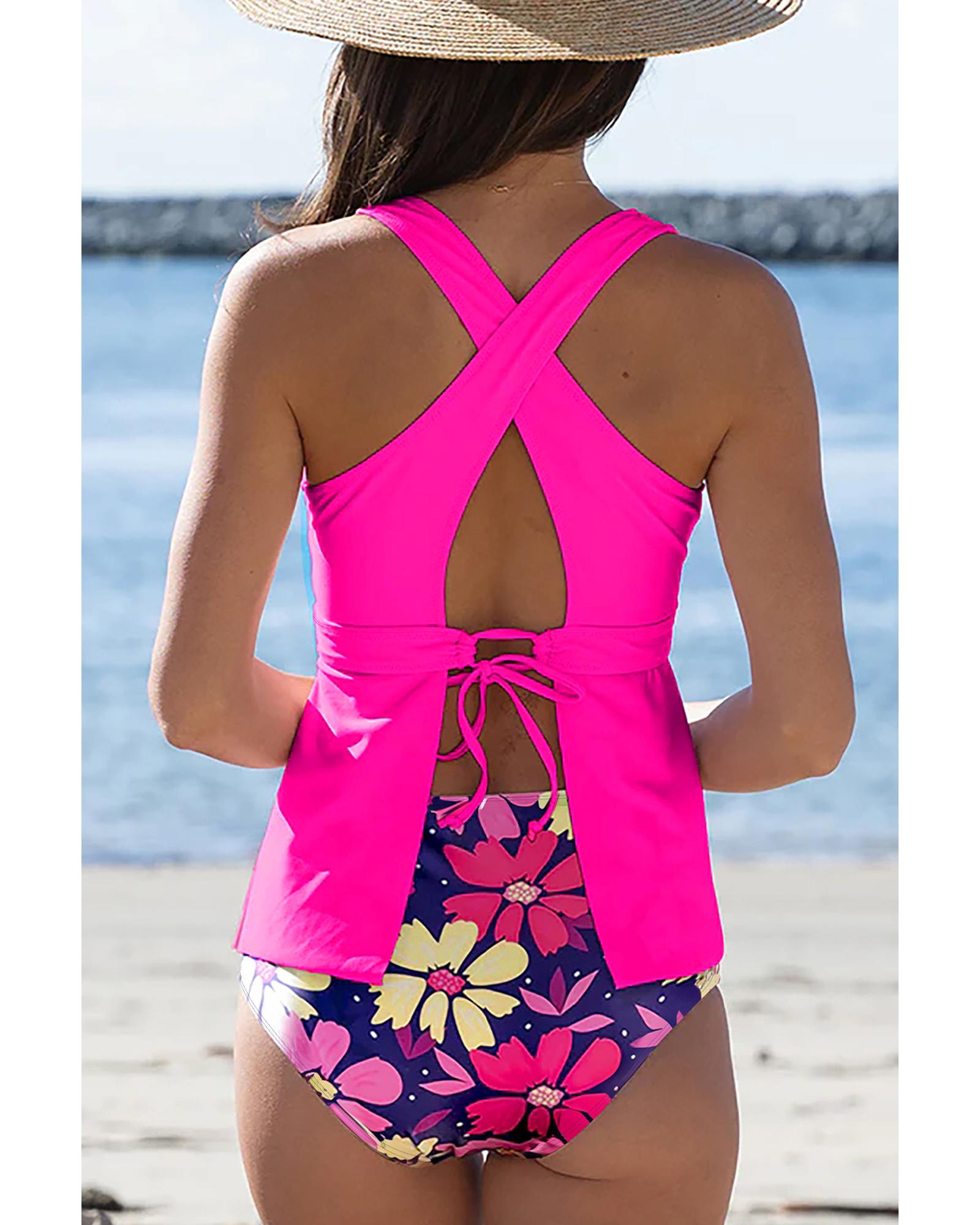 Rose V Neck Ruffled Hem Floral Bottom Tankini Set - M