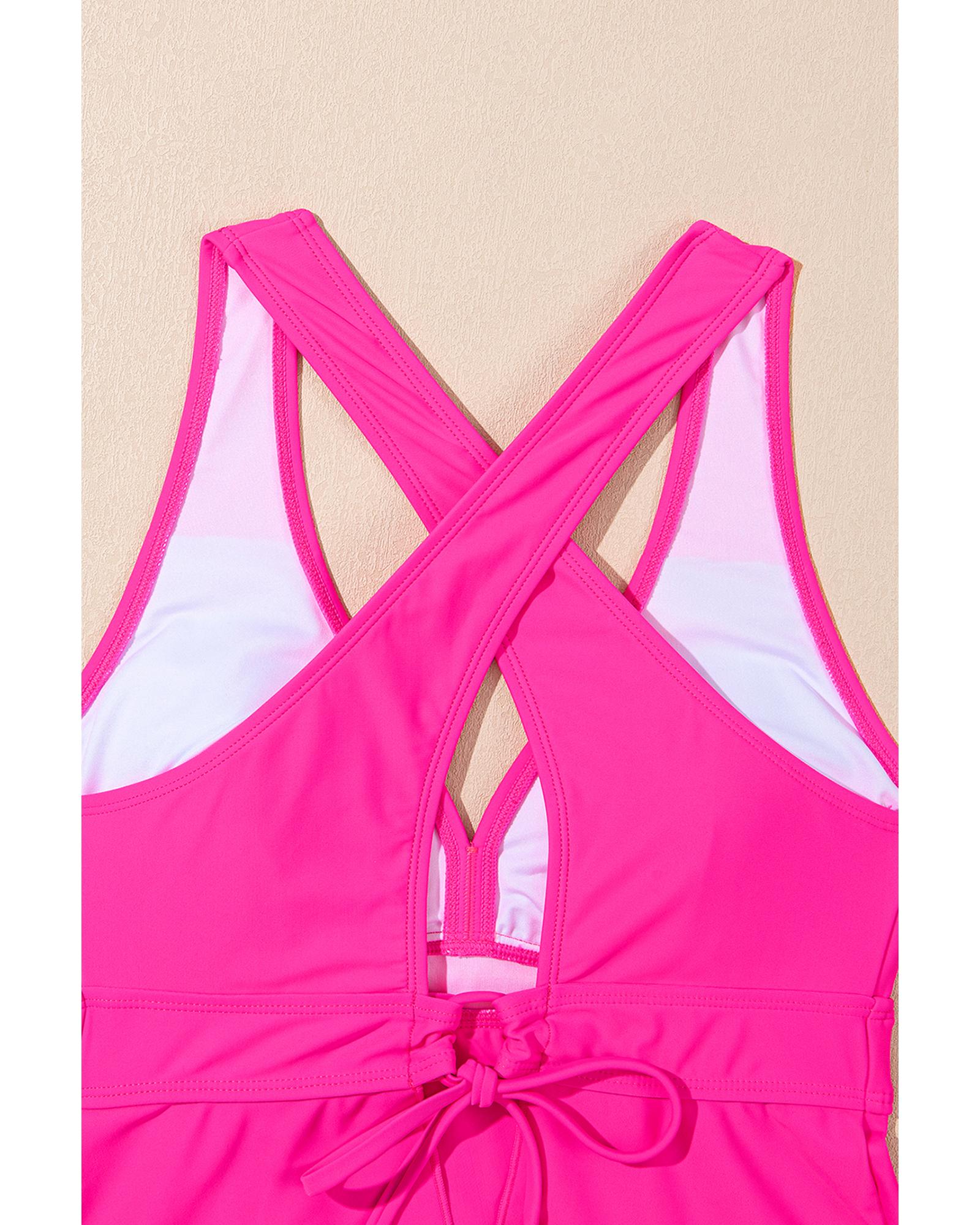 Rose V Neck Ruffled Hem Floral Bottom Tankini Set - M