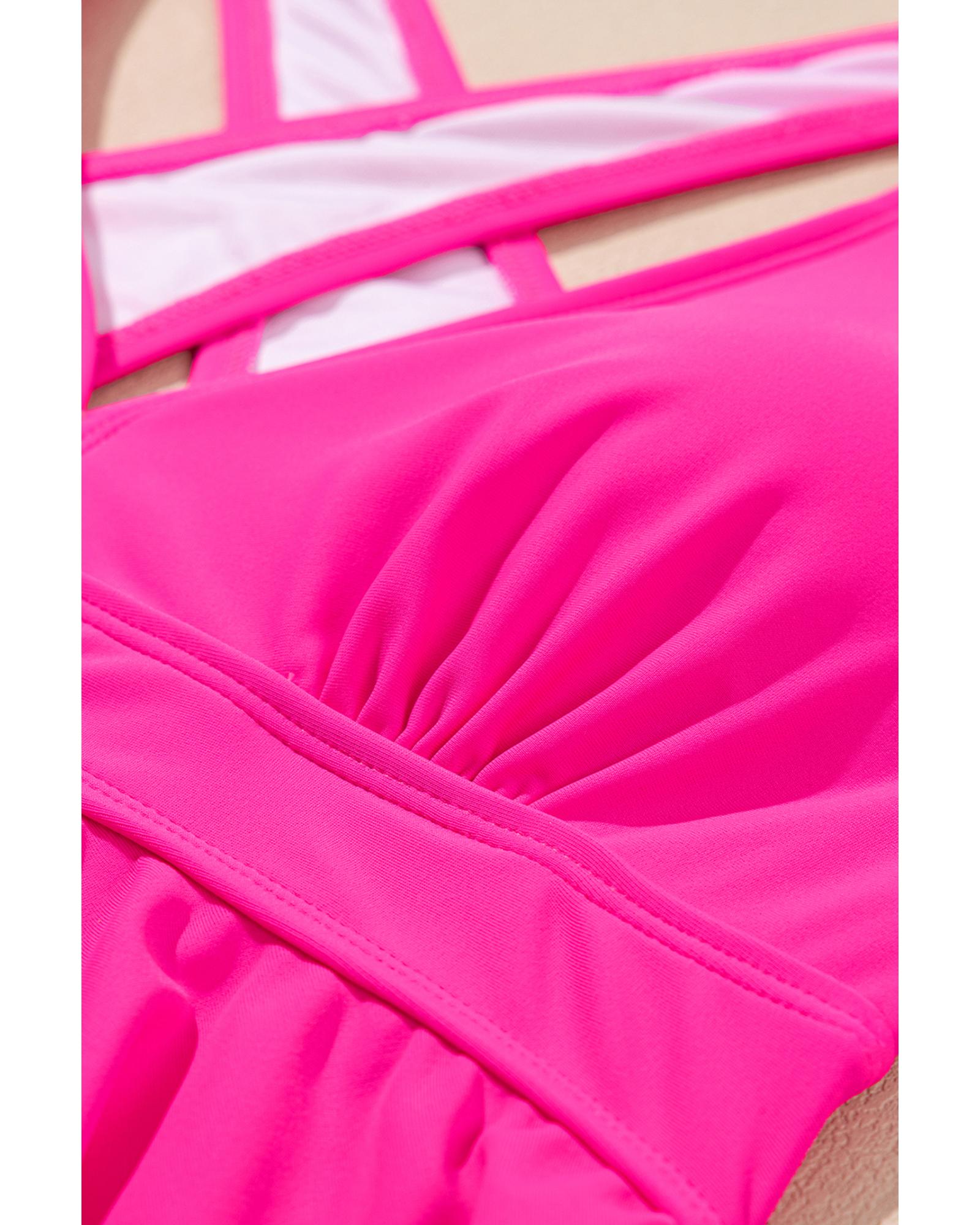Rose V Neck Ruffled Hem Floral Bottom Tankini Set - S