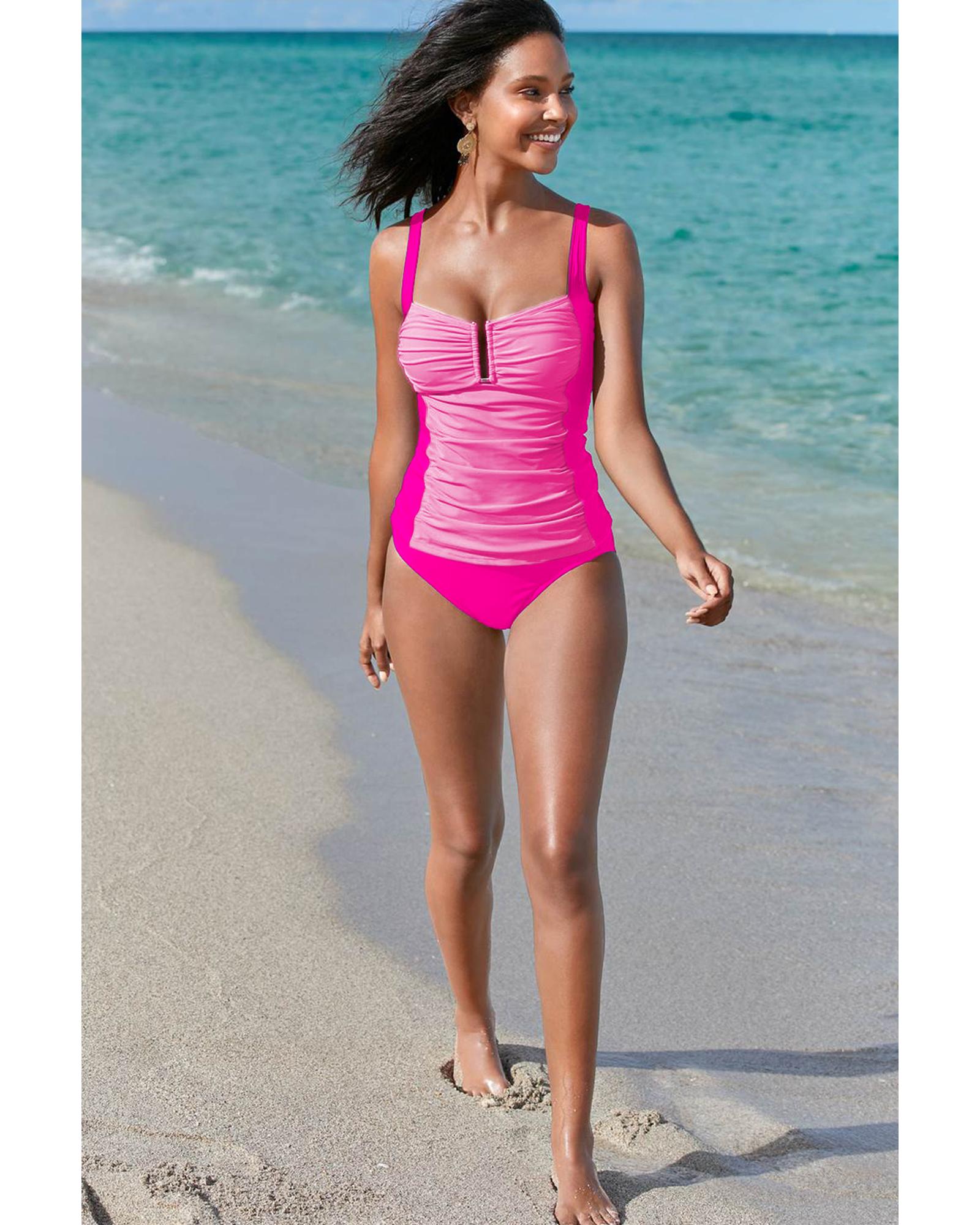 Bonbon Ruched Tummy Control Tankini 2pcs Swimsuit - M