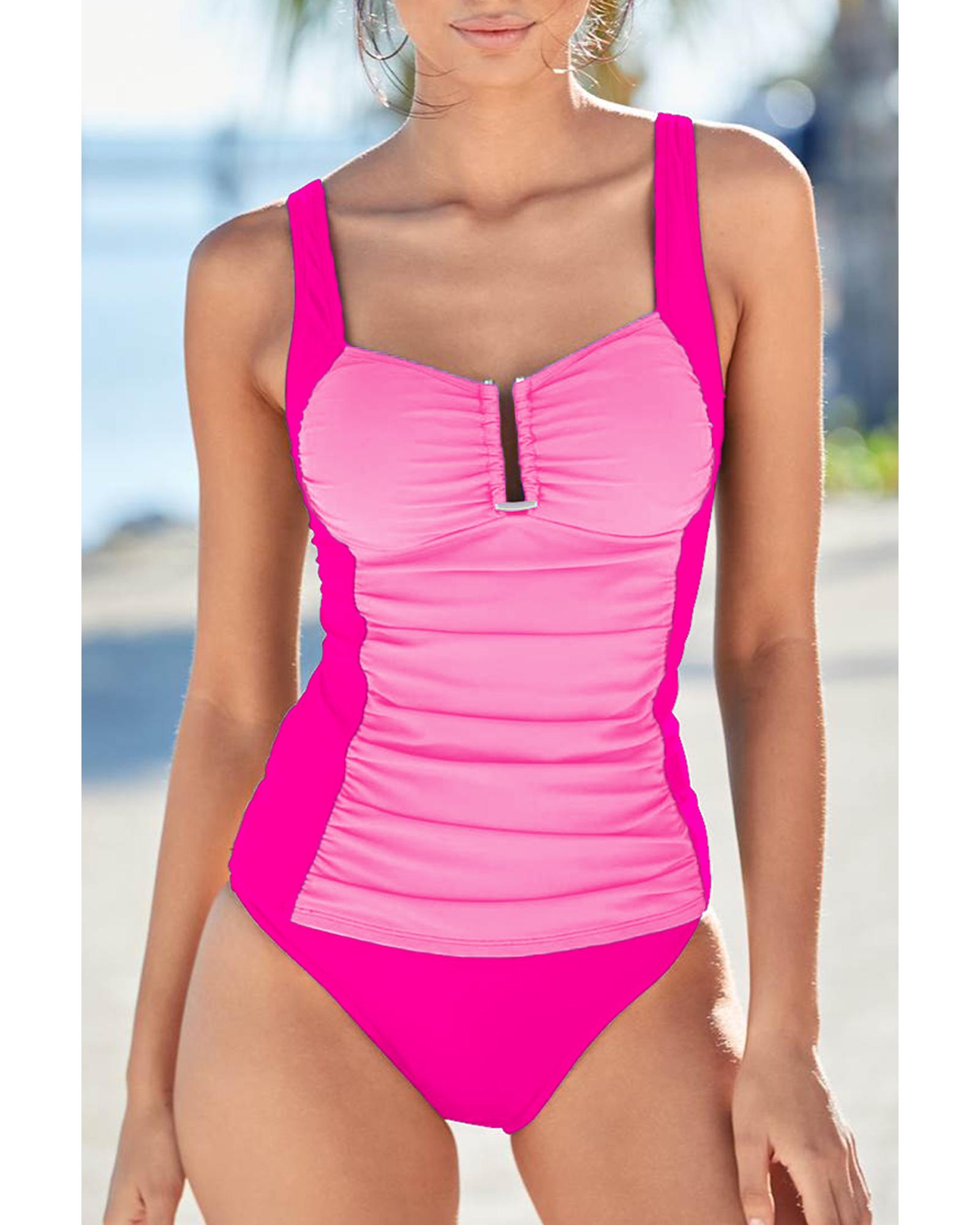Bonbon Ruched Tummy Control Tankini 2pcs Swimsuit - M