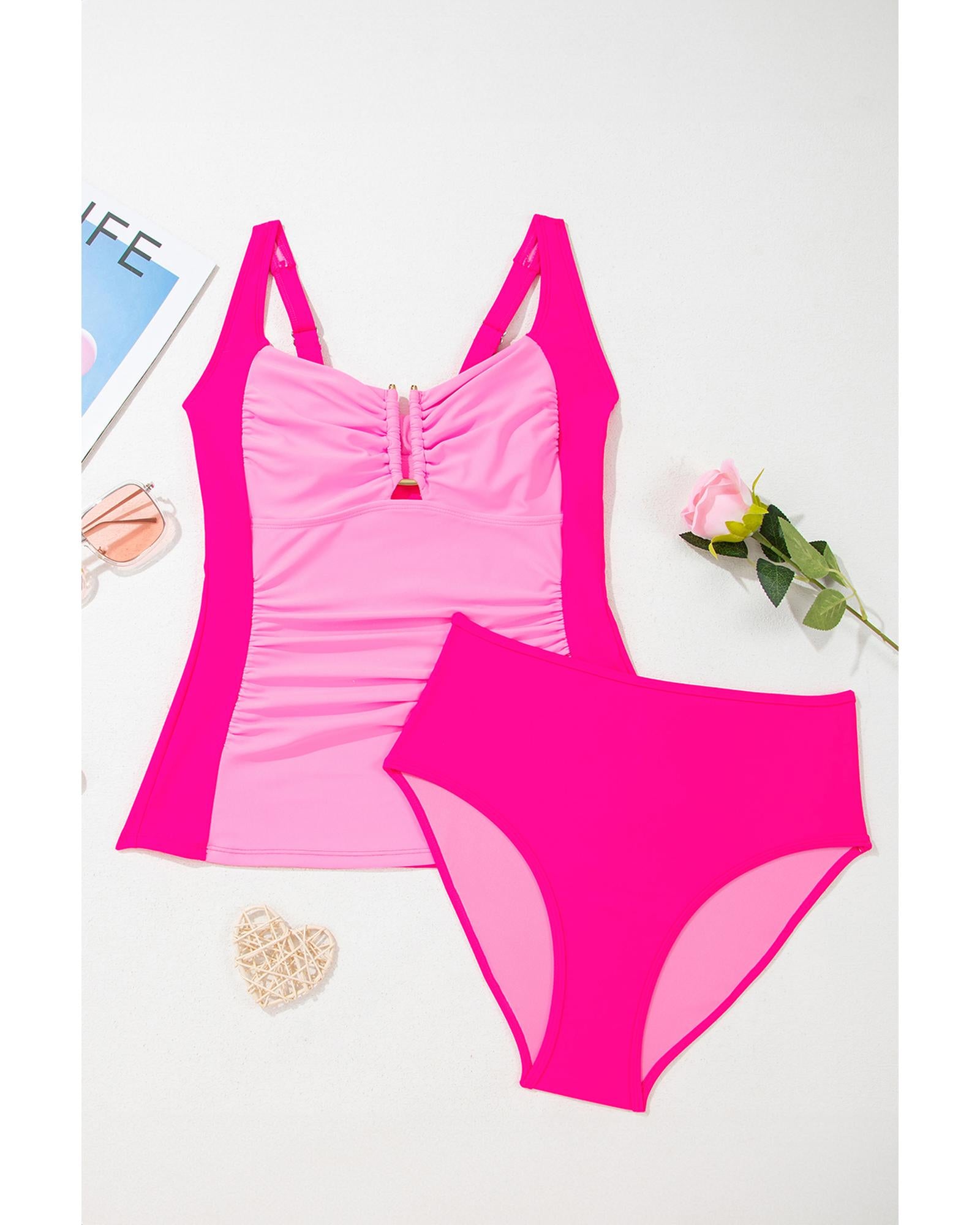 Bonbon Ruched Tummy Control Tankini 2pcs Swimsuit - M