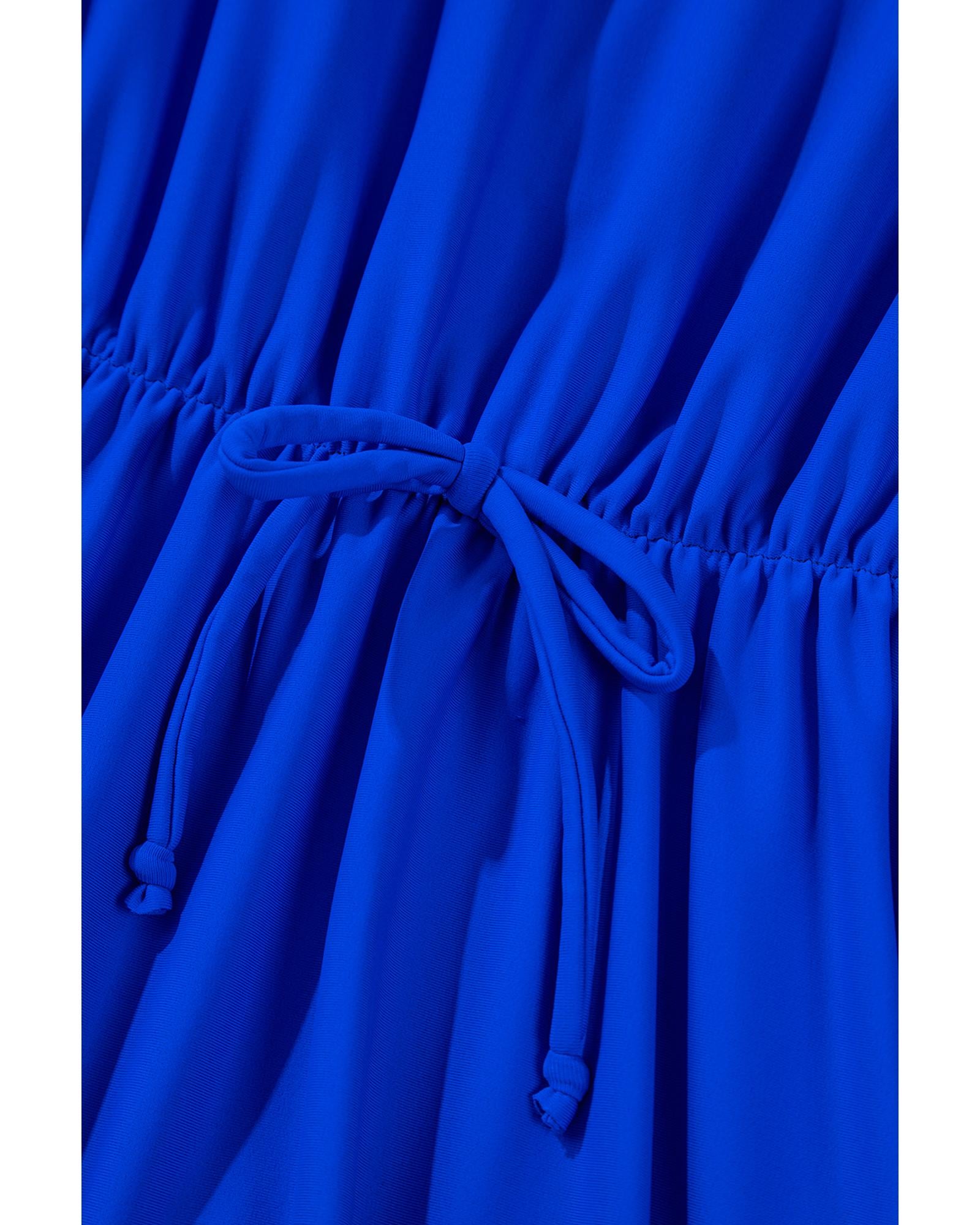 Dark Blue Bow Peplum Waist Spaghetti Straps Tankini Set - L