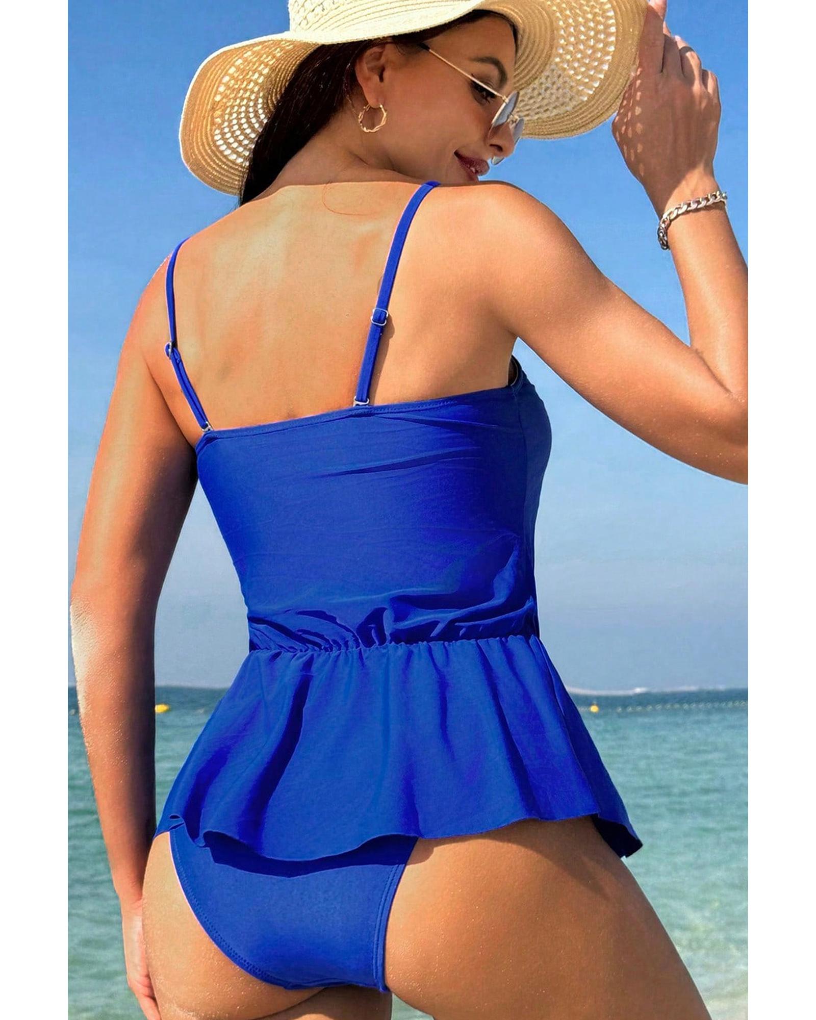 Dark Blue Bow Peplum Waist Spaghetti Straps Tankini Set - L