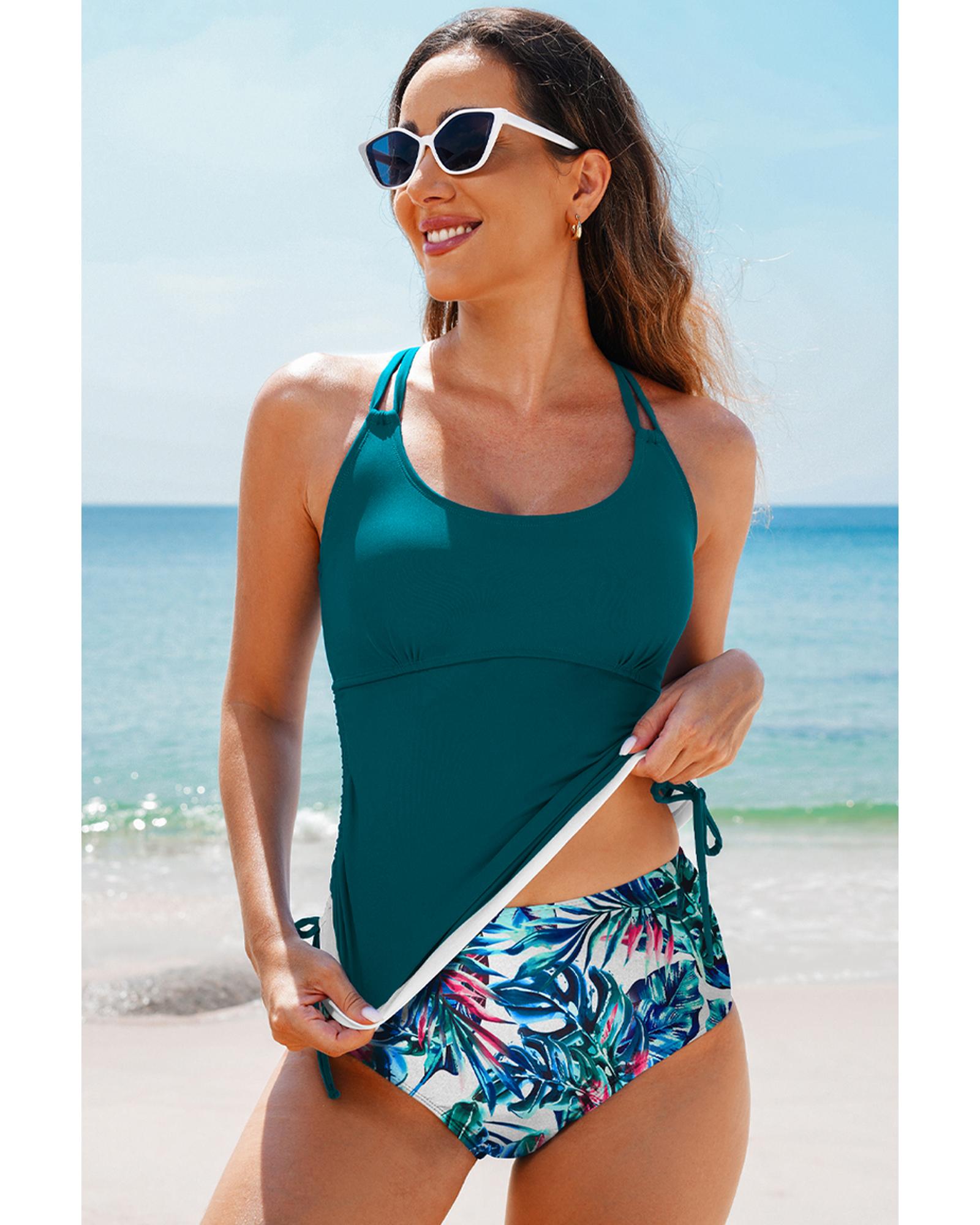 Sea Green Drawstring Tummy Control Mix-and-match 2pcs Tankini Swimsuit - 2XL