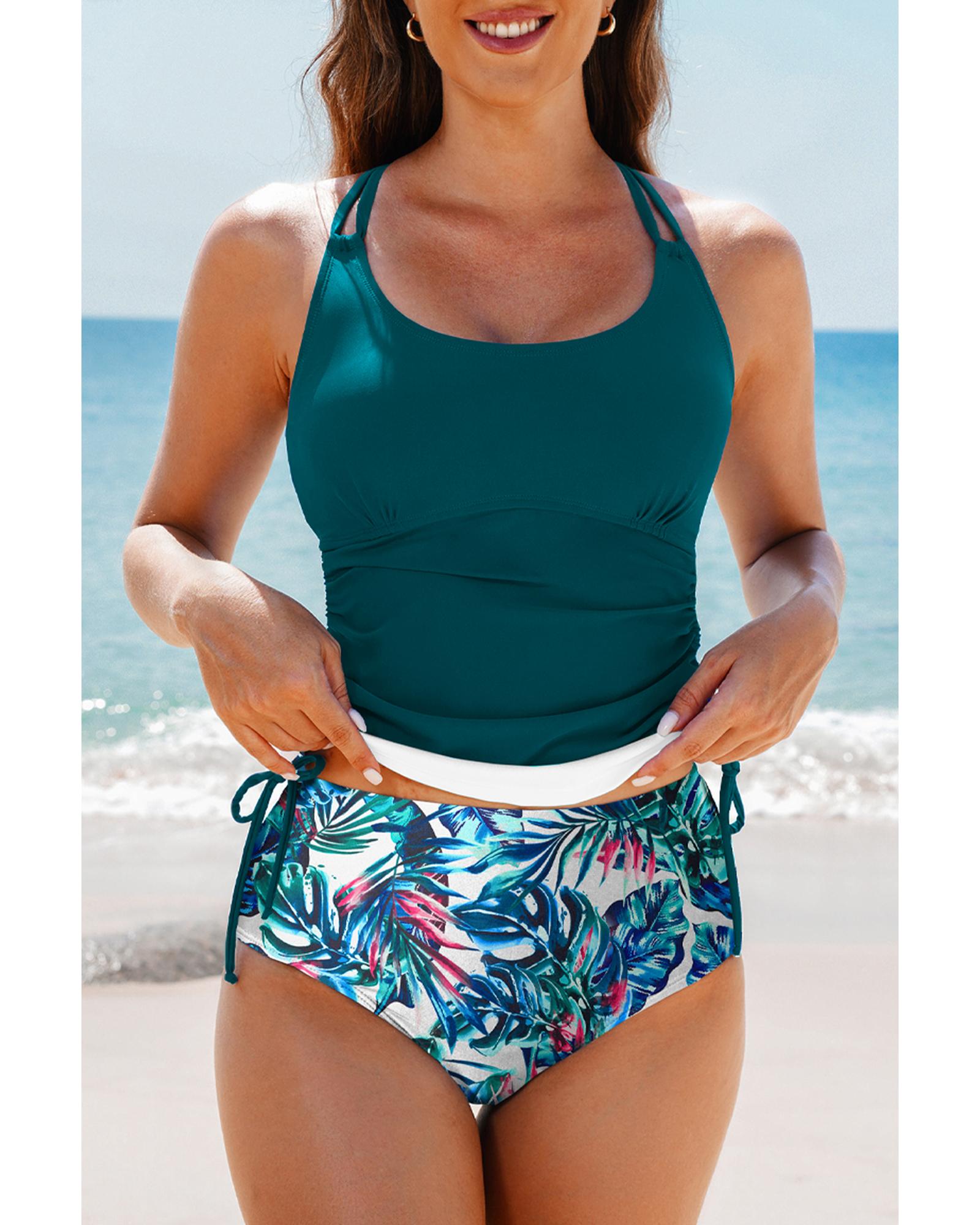 Sea Green Drawstring Tummy Control Mix-and-match 2pcs Tankini Swimsuit - L