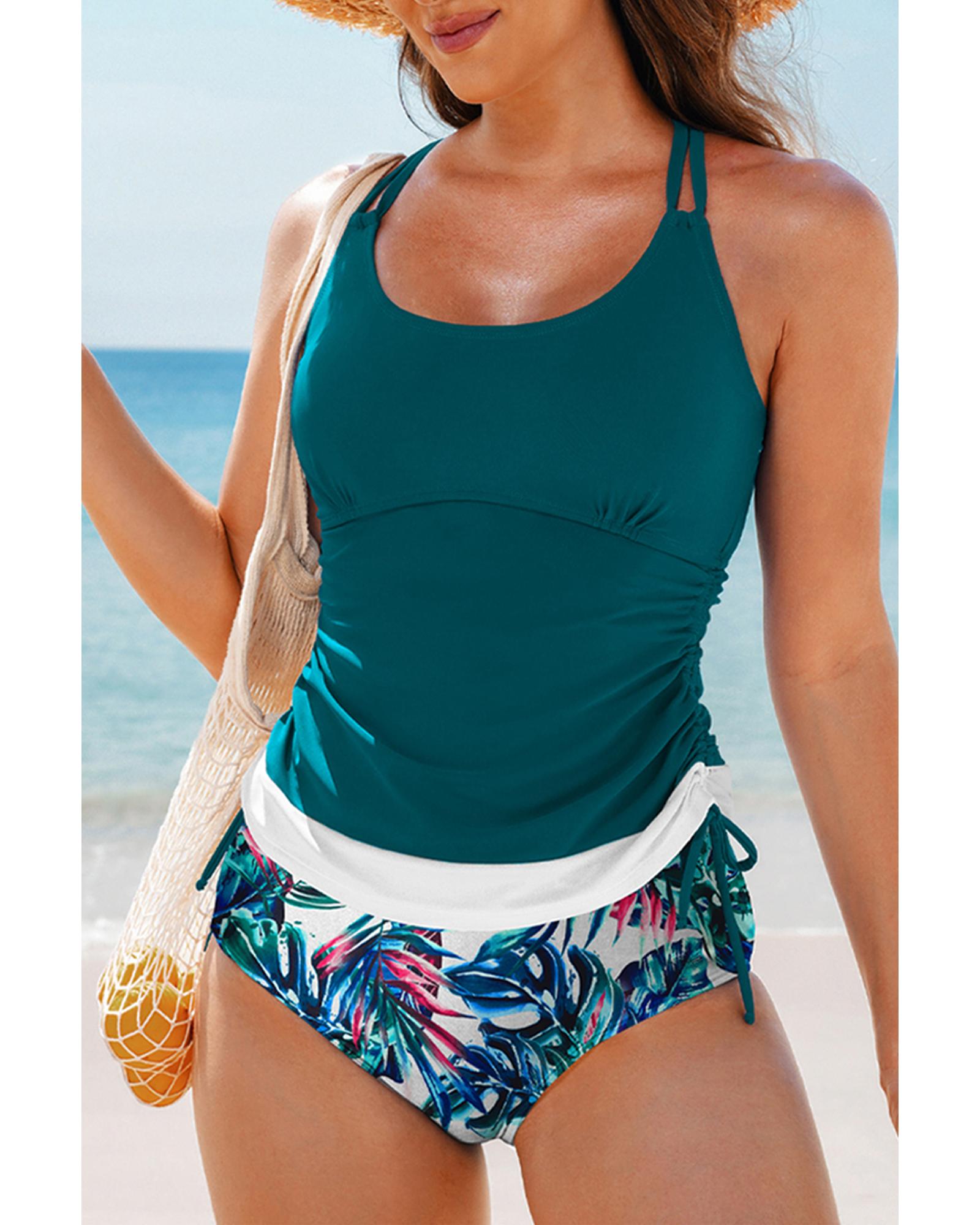 Sea Green Drawstring Tummy Control Mix-and-match 2pcs Tankini Swimsuit - L